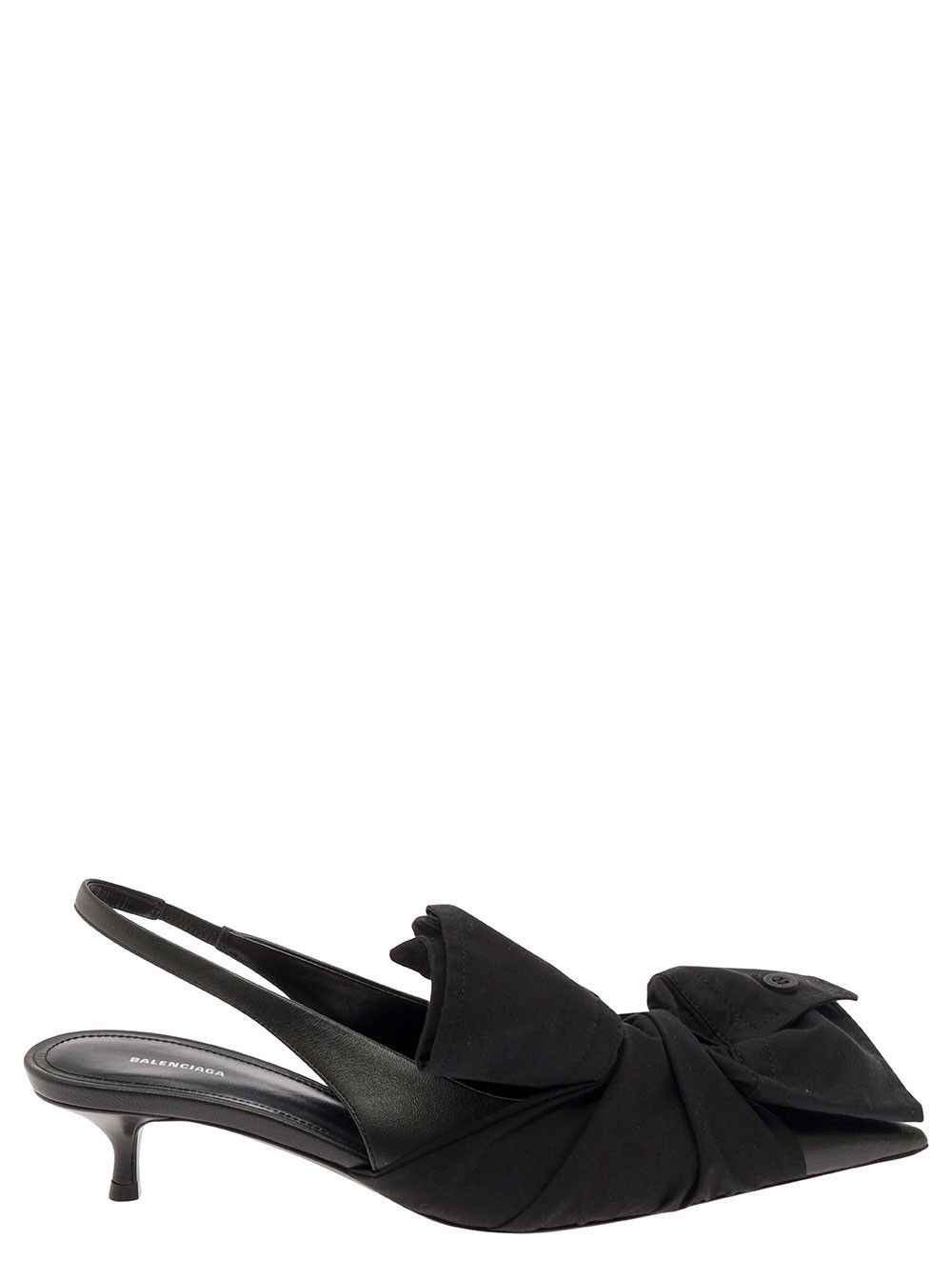 Black Slingback Pumps with Knot Detail in Leather and Cotton Woman
