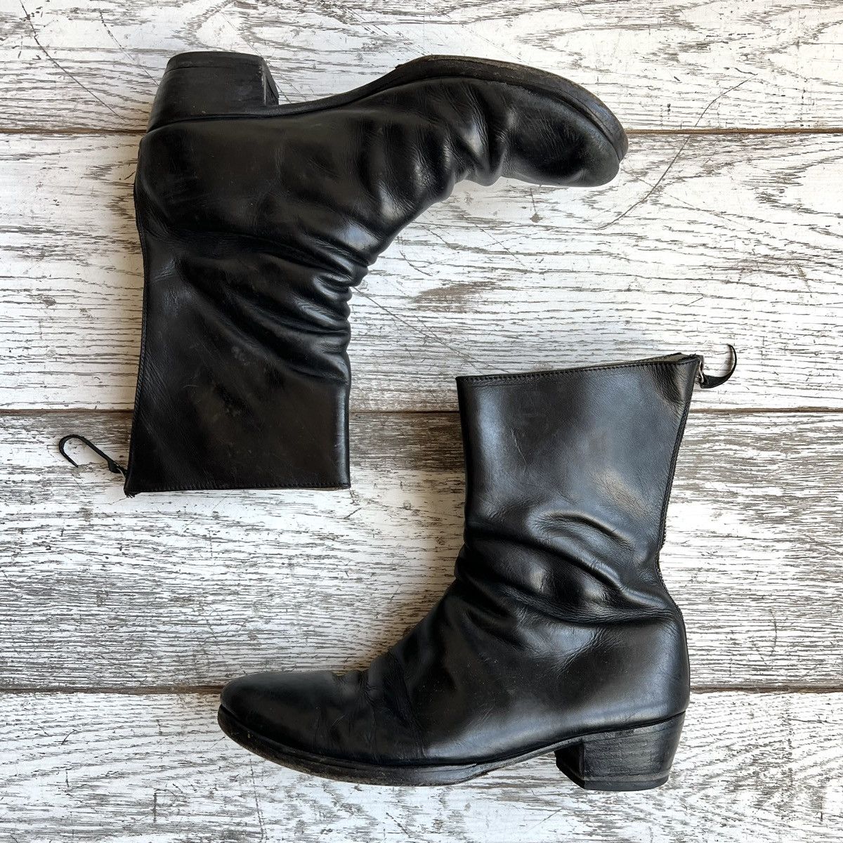 image of Ma+ Wrinkled Cowhide Leather Back-Zip Heel Shoes Boots in Black, Men's (Size 6.5)