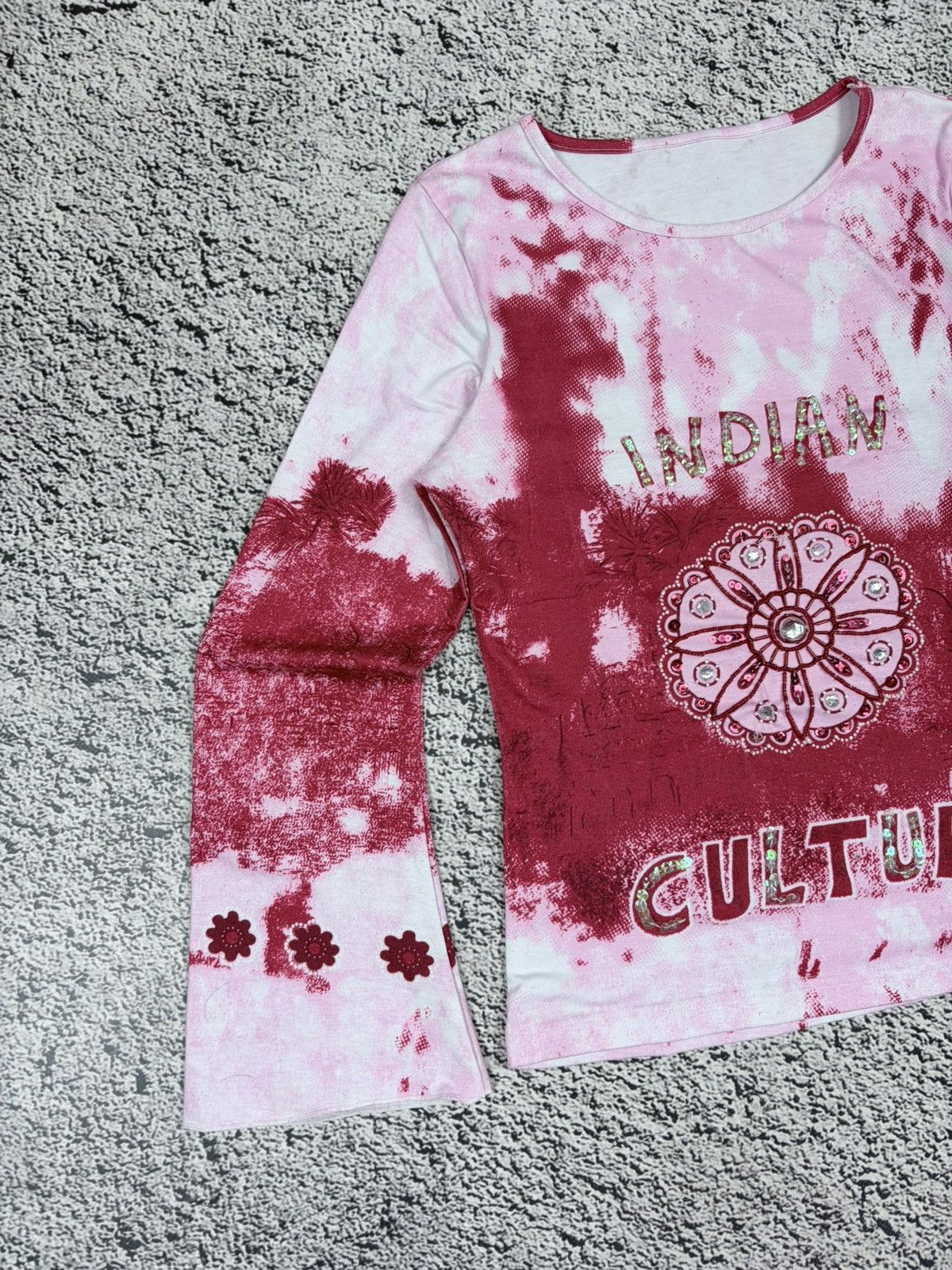 Japanese Brand Vintage Y2K Pink Tie Dye Rhinestone Flare Longsleeve Tee Size S / US 4 / IT 40 - 2 Thumbnail