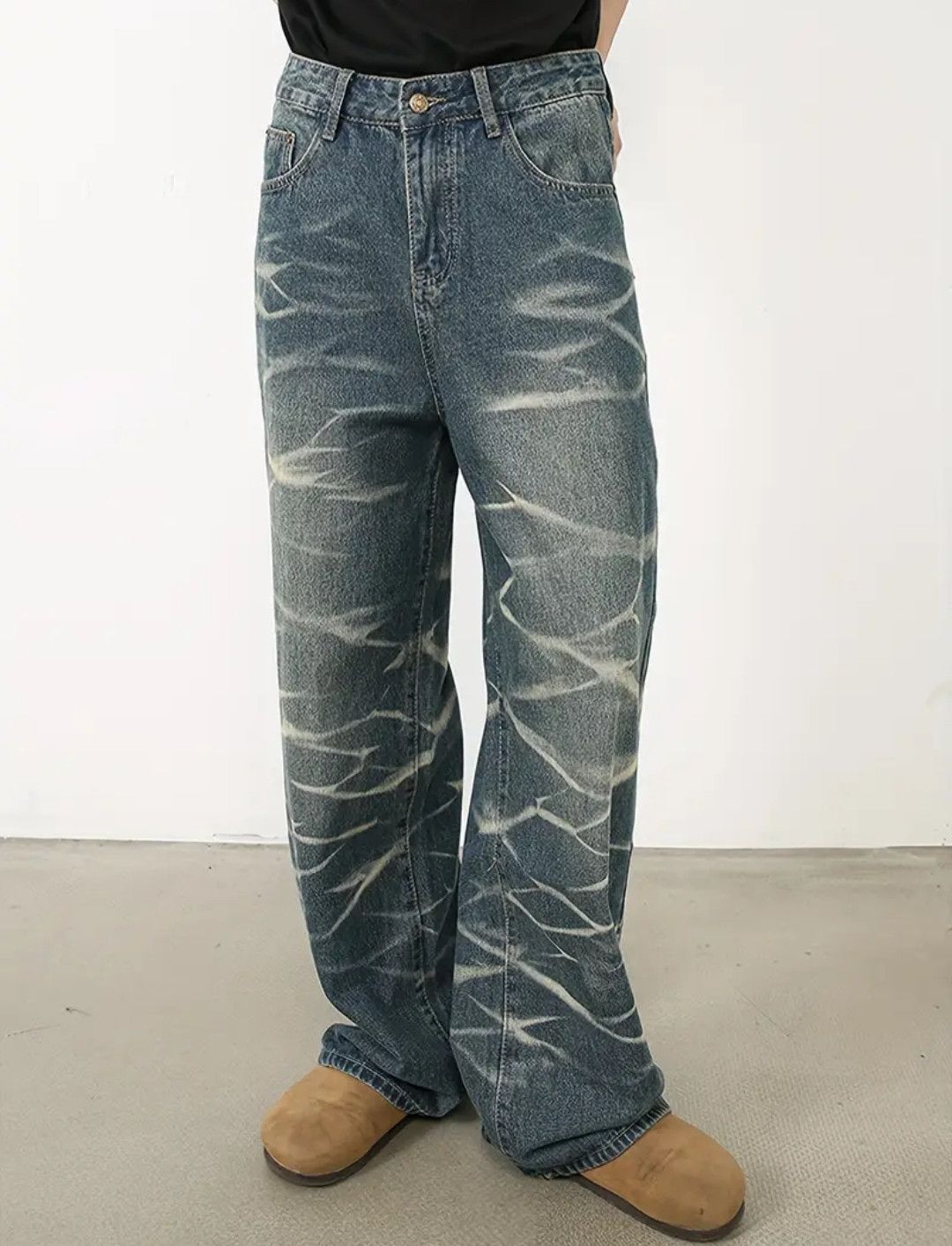 Retro Loose Straight Leg Wave Fade Denim Jeans