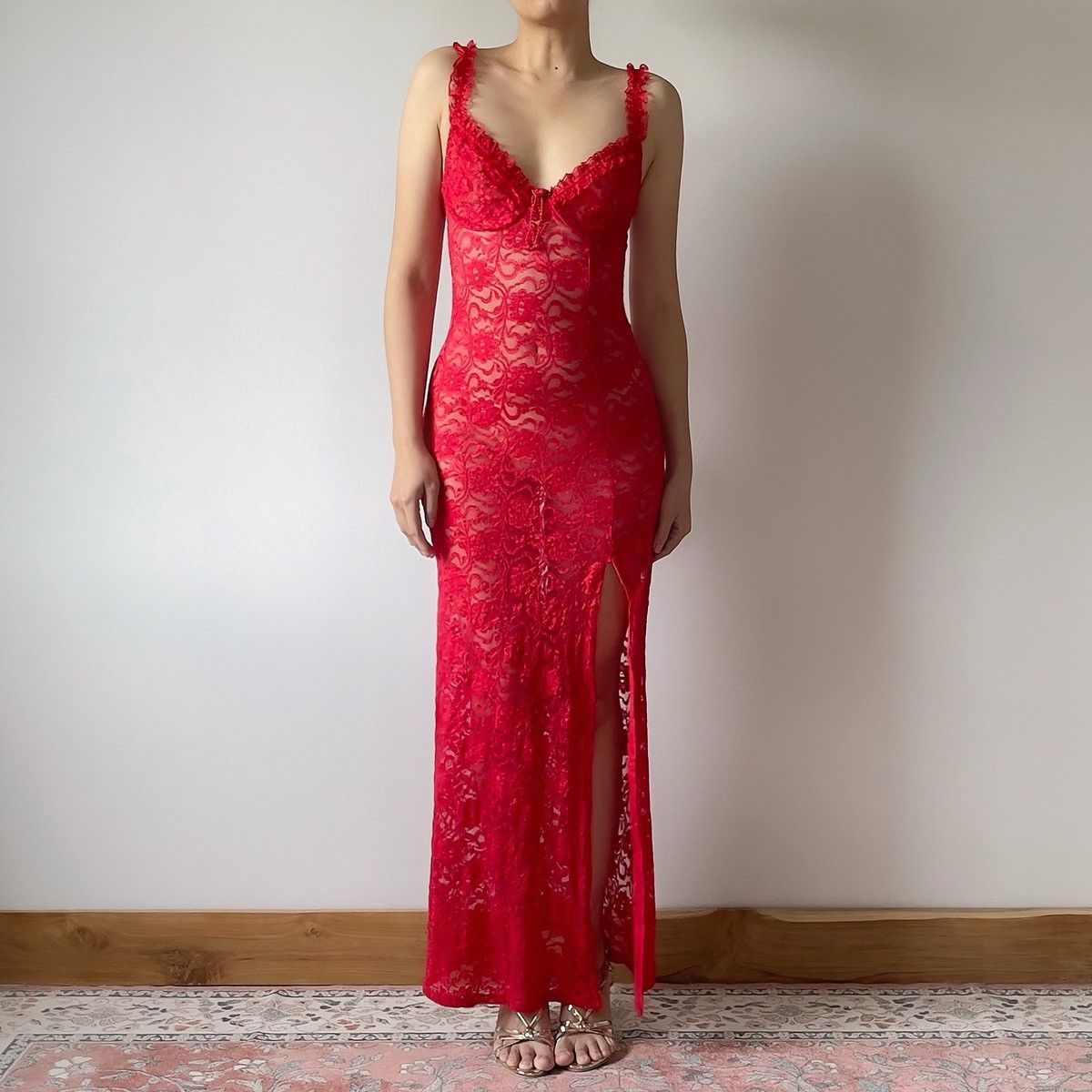 Vintage Vintage Red Lace Sheer Slip Dress (XS-S) Size S / US 4 / IT 40 - 2 Thumbnail