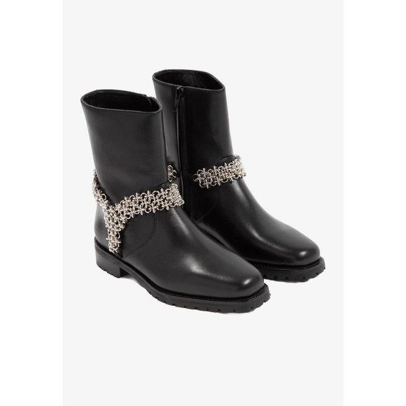 Manolo Blahnik Manolo Blahnik Black Leather Ankle Boots With Silver Chain E Size US 7.5 / IT 37.5 - 2 Thumbnail