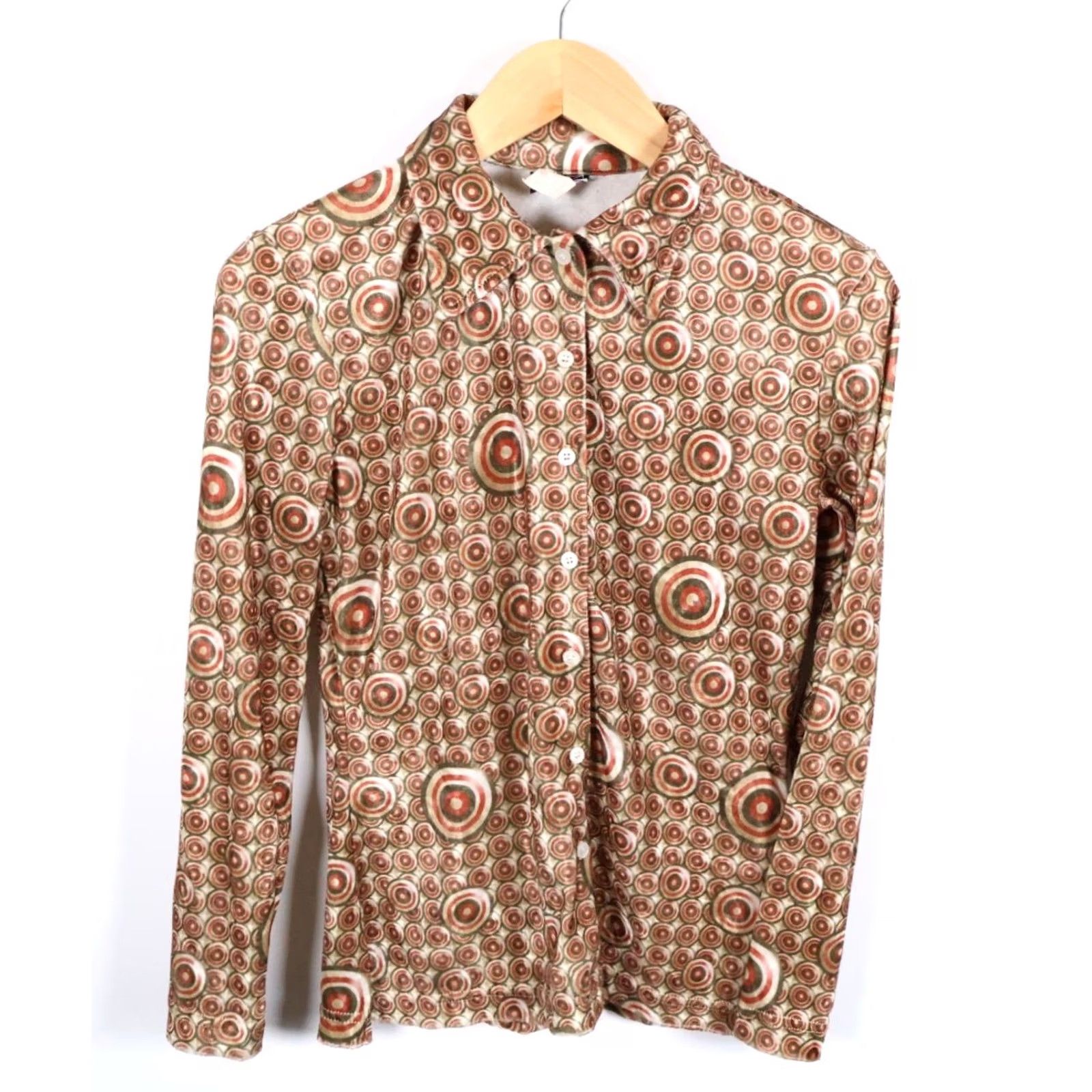 Velour VINTAGE Women's Velour Shirt Geometric Pattern 70s Hippie Boho VTG Medium Brown Long Sleeve Button-Up Casual Fall Spring Winter Mens? Size M / US 6-8 / IT 42-44 - 2 Thumbnail