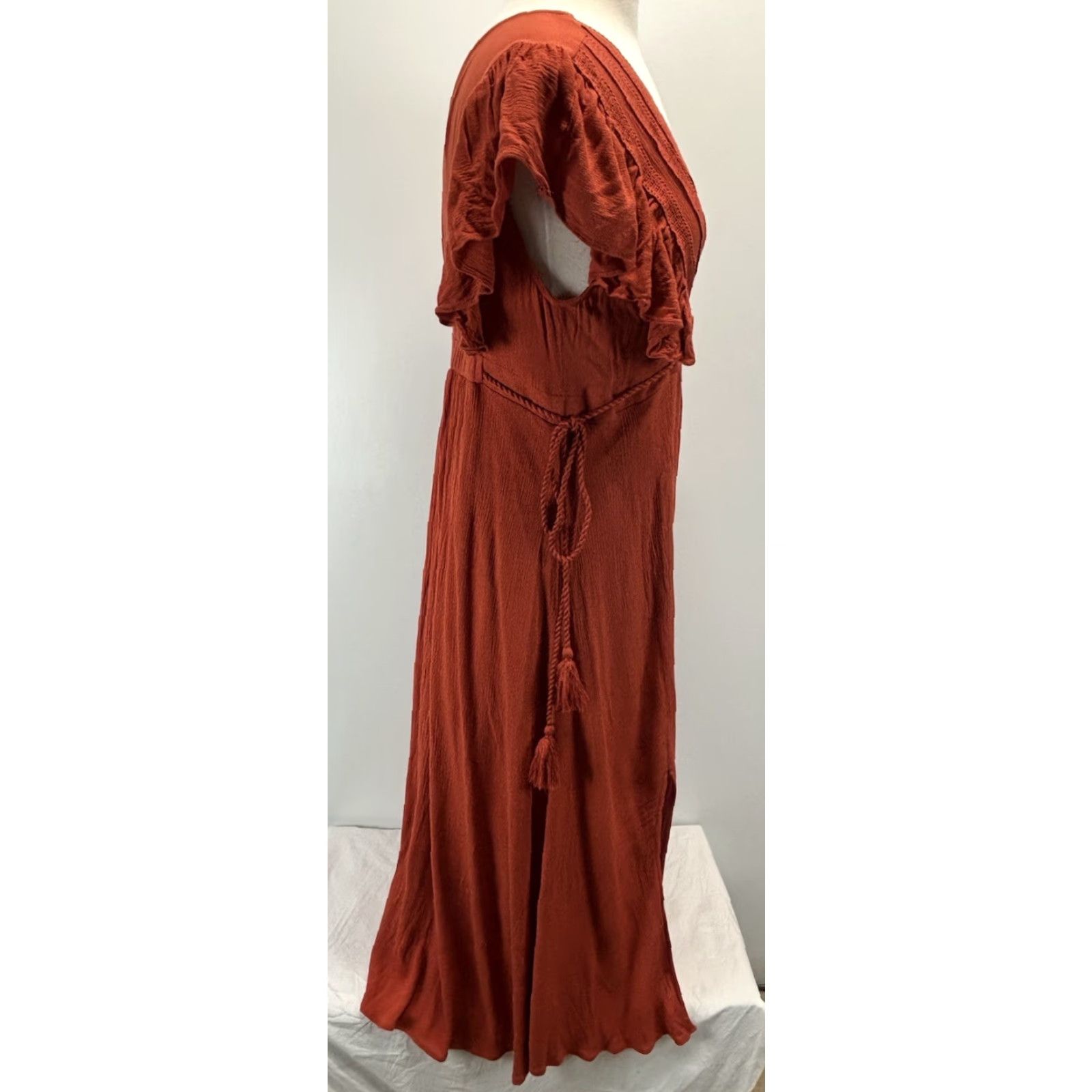 Born Baltic Born Jennifer Deep V Maxi Dress Burnt Orange Ruffle Lace Trim Sz Large Boho Womens Maxi Dress Size L / US 10 / IT 46 - 4 Thumbnail