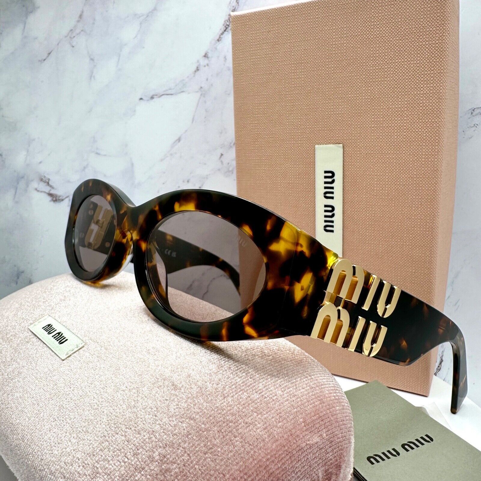 Miu Miu New MIU MIU Sunglasses Brown Tortoise Shell Oval Gold Logo Size ONE SIZE - 10 Thumbnail