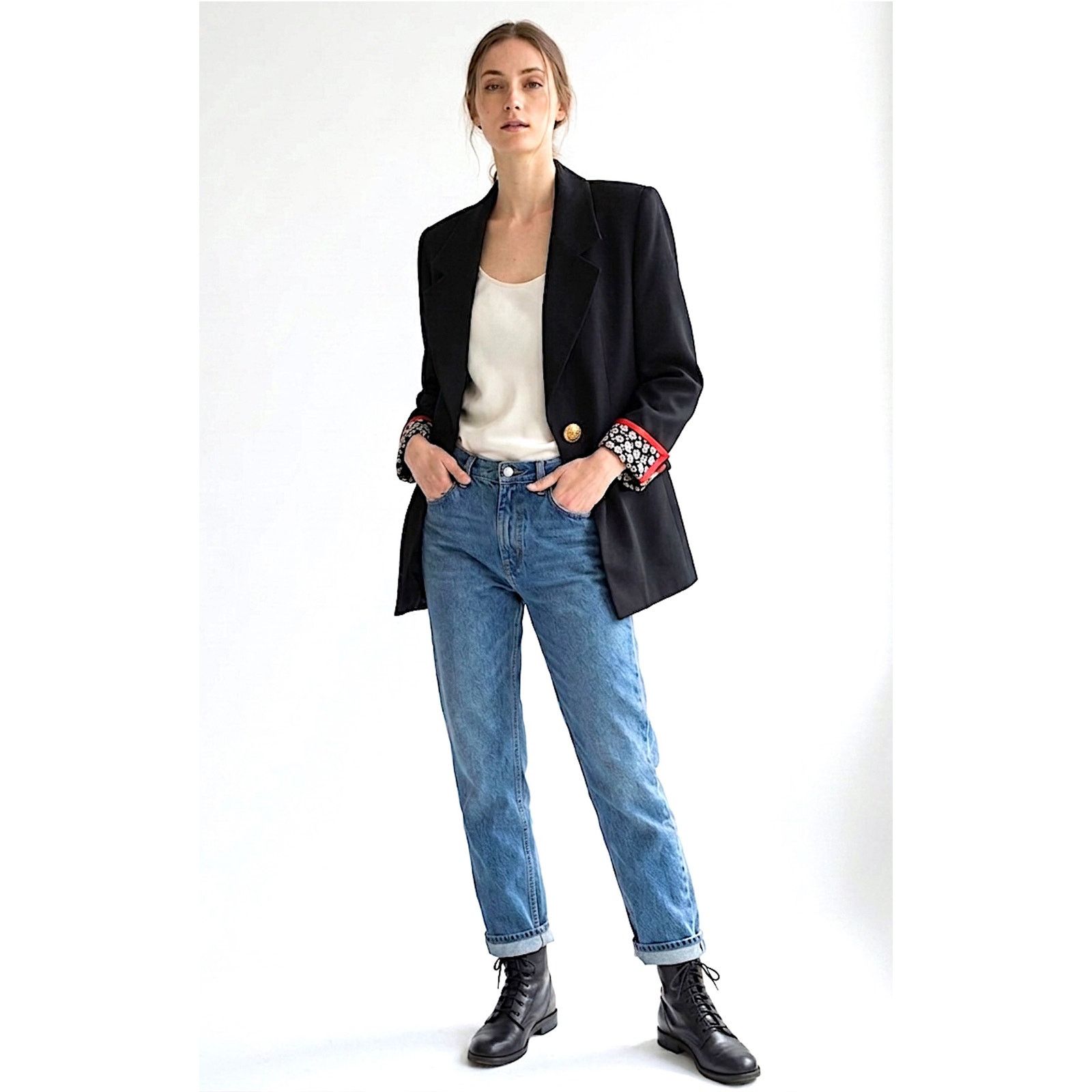 Vintage 90s Statment Blazer Black Red Trim Gold Button Floral Cuffs Size M / US 6-8 / IT 42-44 - 1 Thumbnail