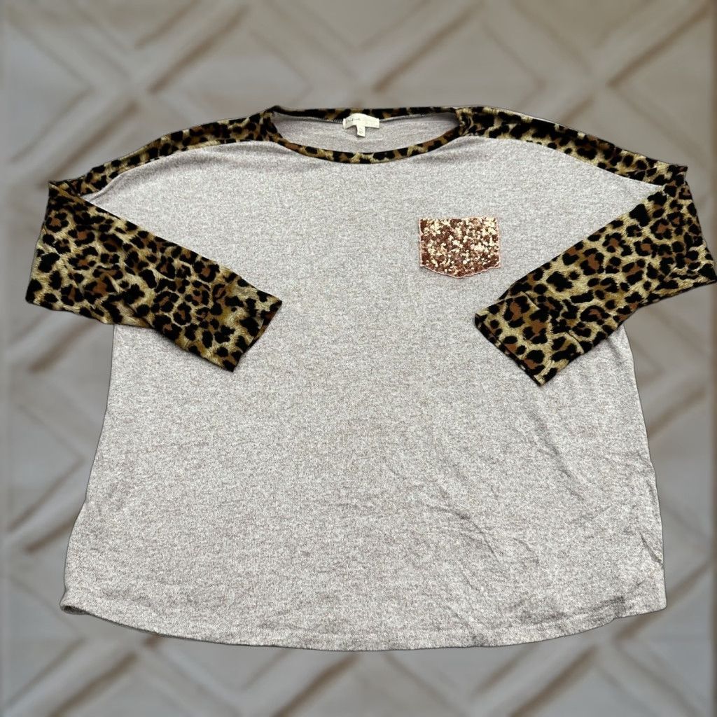 Vintage Perfect Peach Blouse Womens XL Gray Leopard Long Sleeve Round Neck Sequin Size XL / US 12-14 / IT 48-50 - 1 Thumbnail
