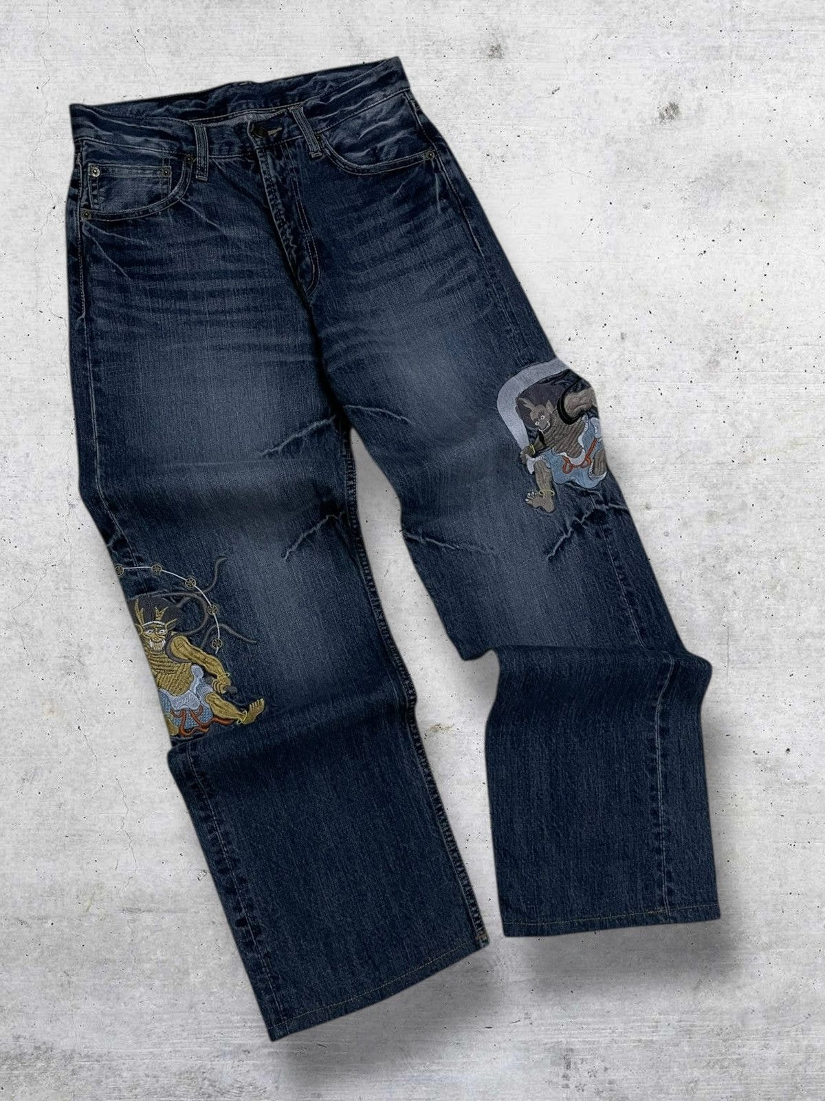 Japanese Brand VINTAGE KARAKURI TAMASHI RARE FIND EMBROIDERY GODFIGHT DENIM Size US 28 / EU 44 - 2 Thumbnail