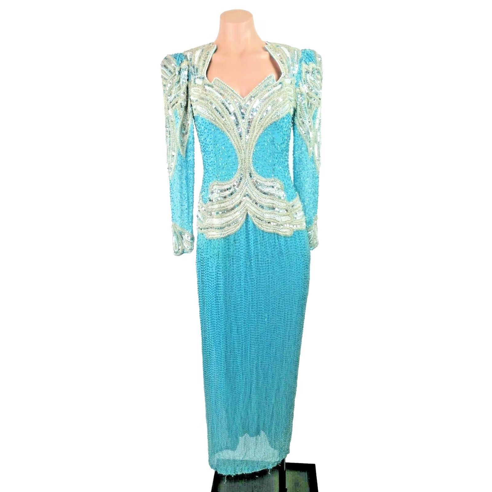 Oleg Cassini VTG Oleg Cassini Silk Beaded Backless Dress Formalwear Wedding Black Tie Sz 4 Blue 1980s Womens Dress Size S / US 4 / IT 40 - 2 Thumbnail