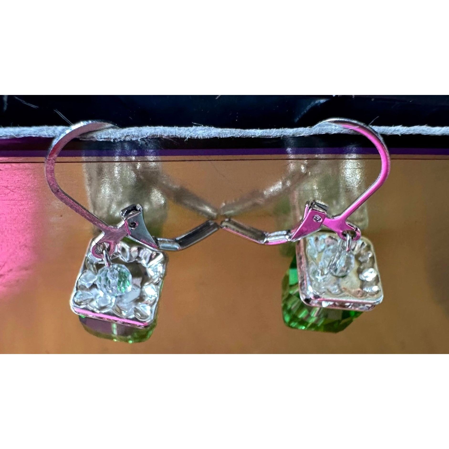 Designer × Handmade Light Emerald Earrings New Square Cube Rhinestones Wedding B Size ONE SIZE - 12 Thumbnail