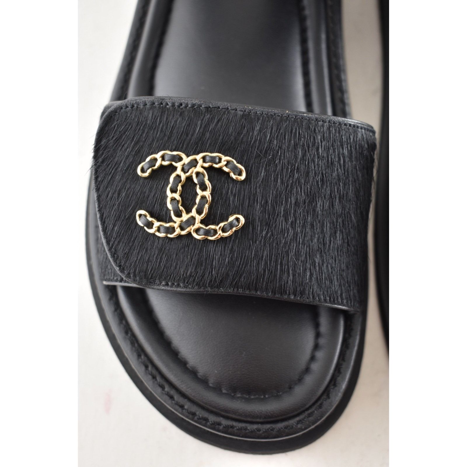 Chanel Chanel 24B Black Calf Hair Gold CC Logo Flat Dad Sandal 36 Size US 5 / IT 35 - 12 Thumbnail