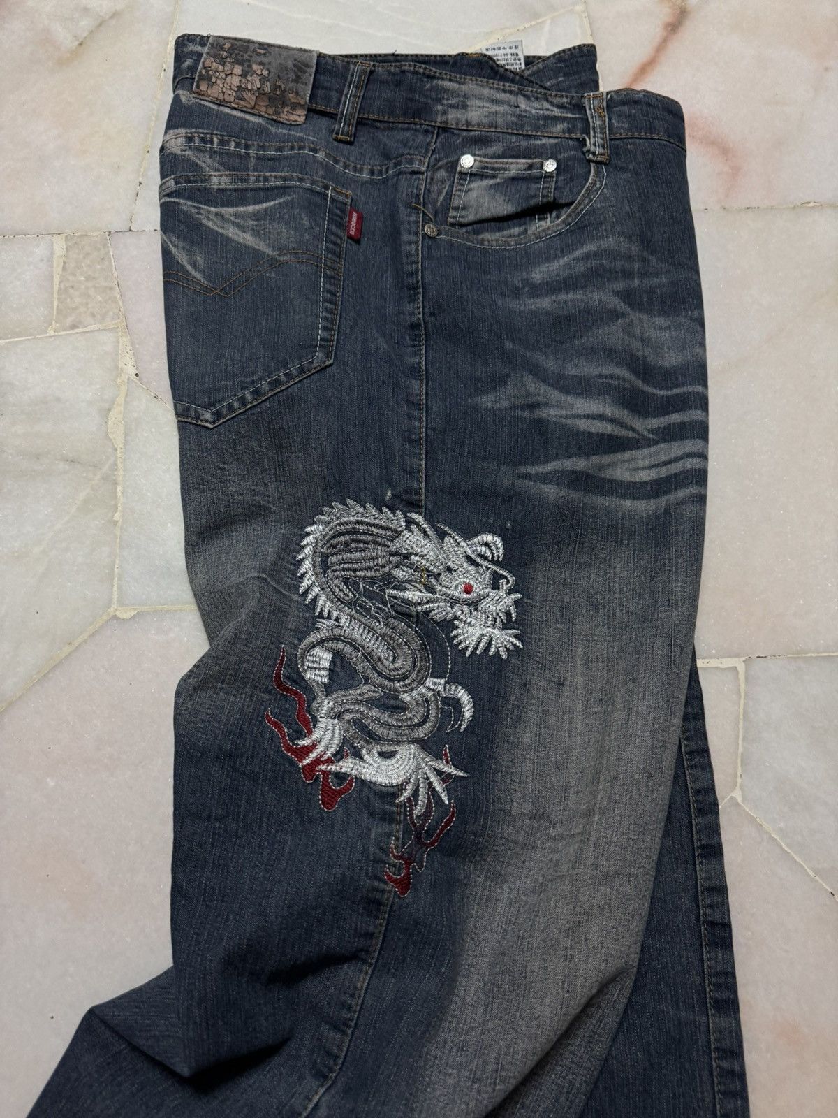 Seditionaries 💥WIDE💥JAPANESE TATTOO DRAGON EMBROIDERY BAGGY JEANS RARE Size US 36 / EU 52 - 12 Thumbnail