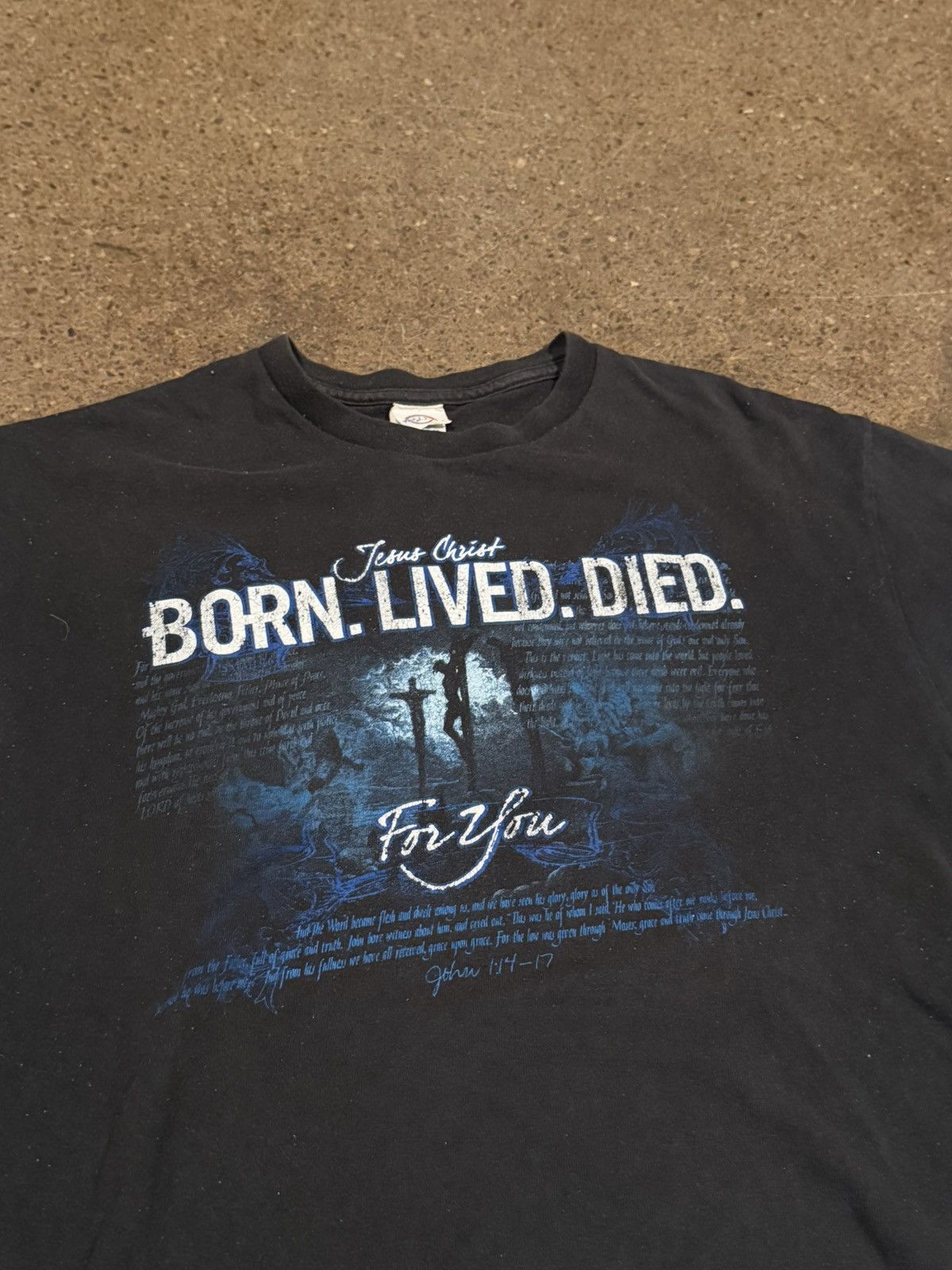 Vintage born. Lived. Died. Jesus crucifixion tee