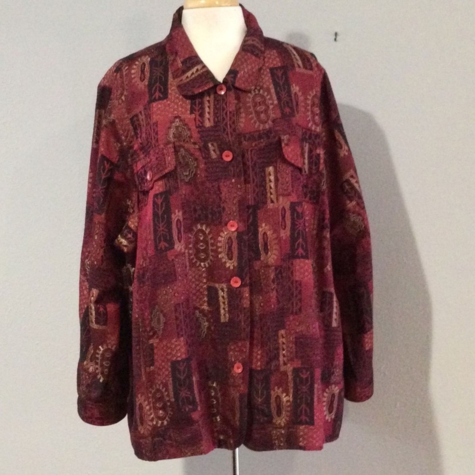 Other Ulla Popken Red w/Gold Metallic Relaxed Fit Shacket 24/26 Size 4XL / US 24-26 - 1 Thumbnail