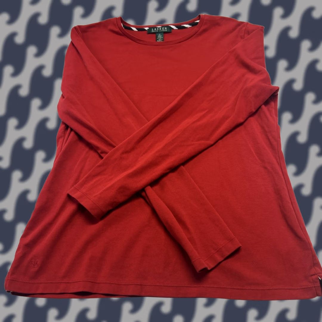 Ralph Lauren Lauren Ralph Lauren Womens XL Red Long Sleeve Crewneck Cotton Knit Top Logo Shirt Size XL / US 12-14 / IT 48-50 - 1 Thumbnail