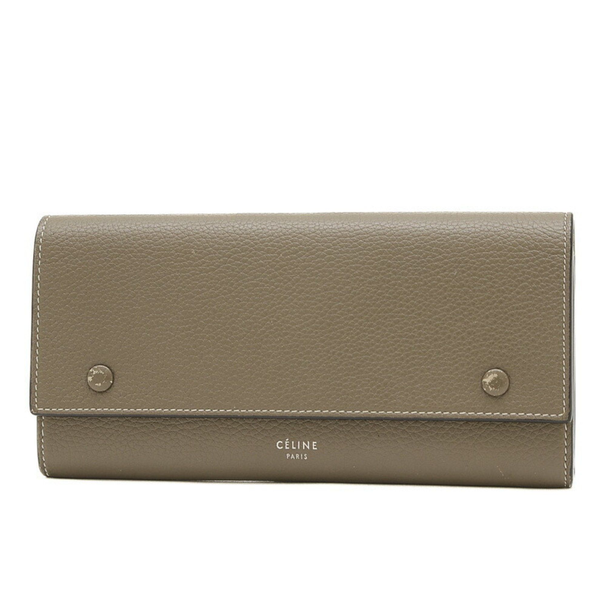 image of Celine Large Multifunction Flap Wallet Long Leather Greige 101673 in Grey, Women's