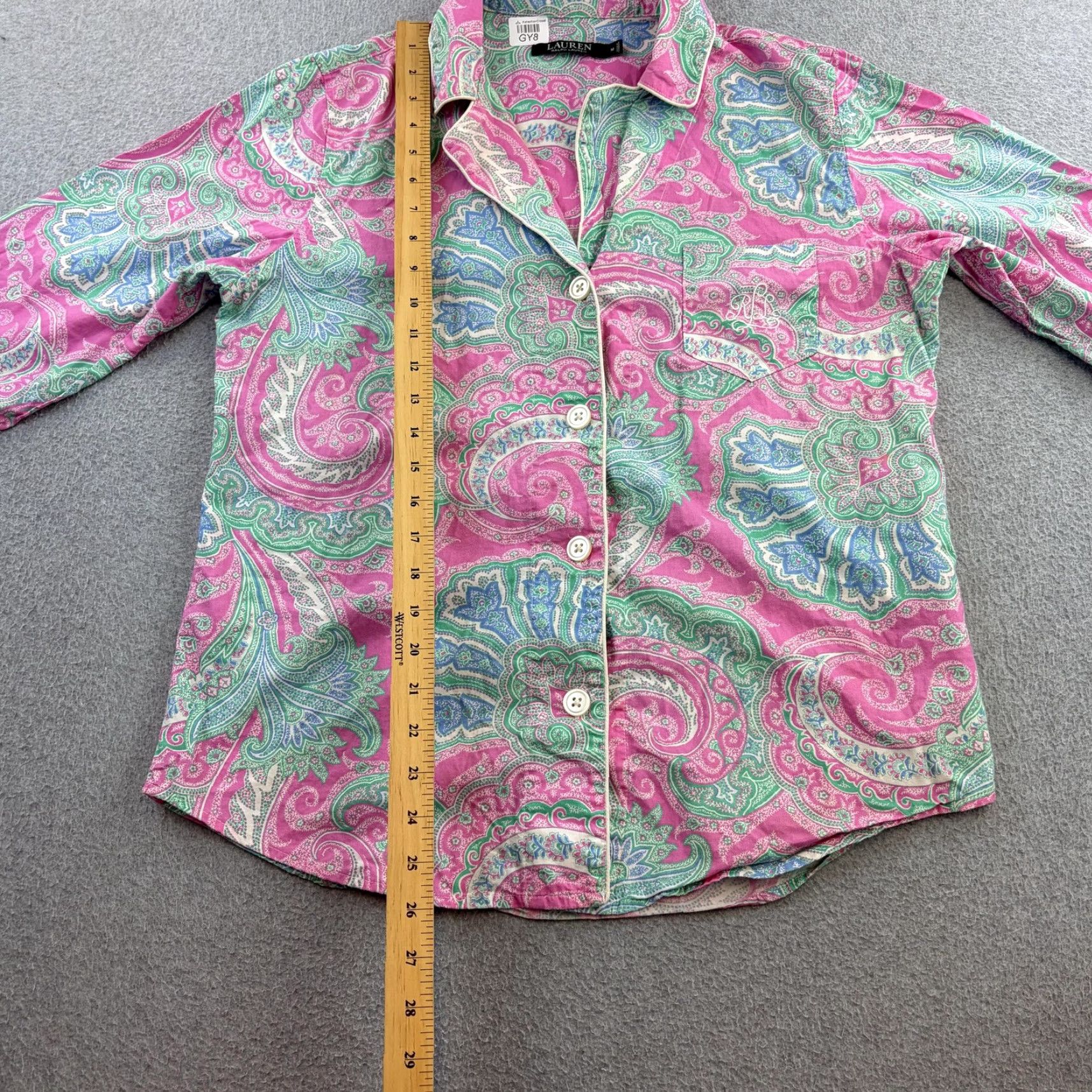Ralph Lauren Lauren Ralph Lauren Pajama Top Womens Medium Pink Paisley 3/4 Sleeve Button Front Embroidered Monogram Cute Size M / US 6-8 / IT 42-44 - 3 Thumbnail