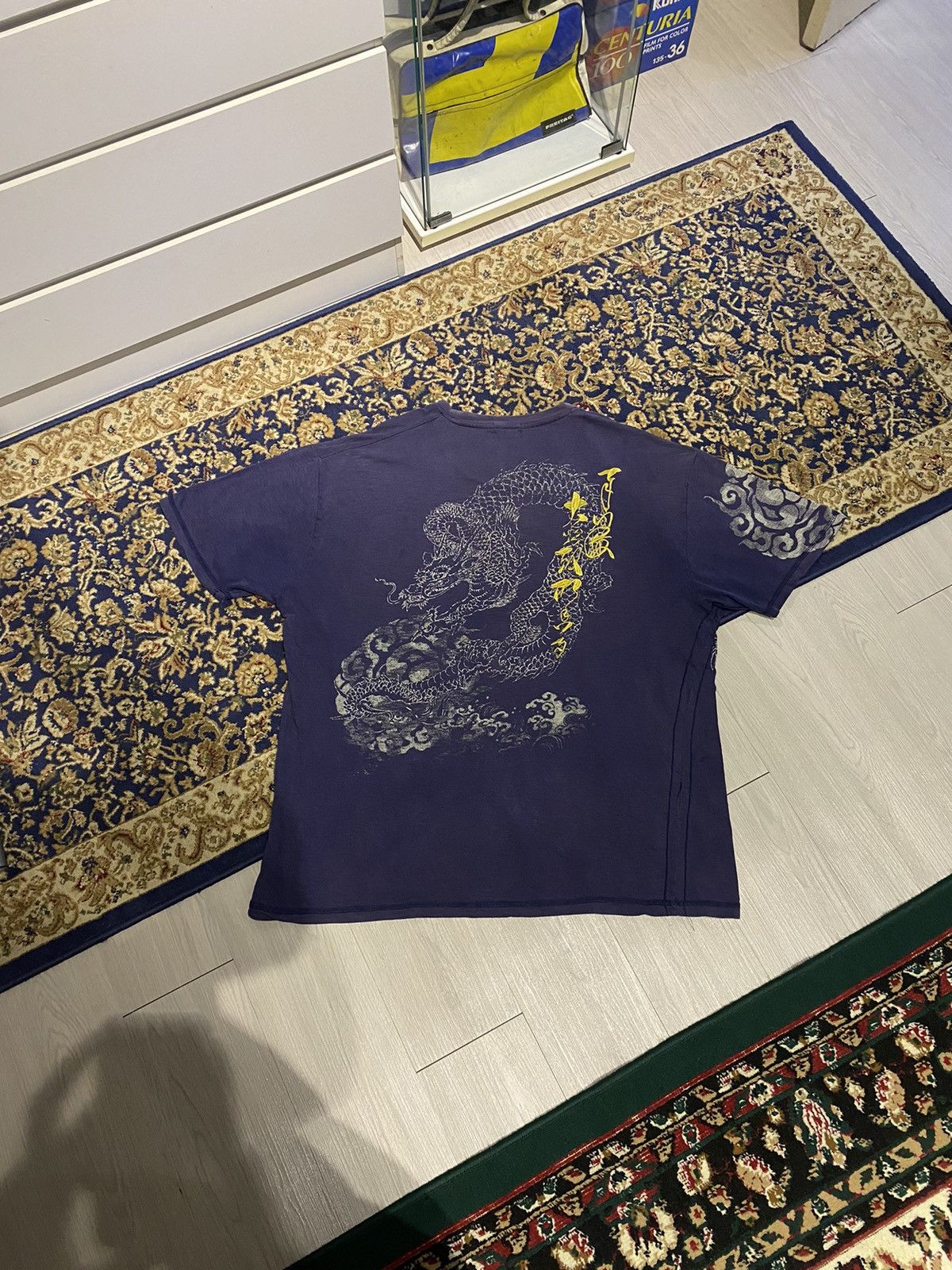 image of Vintage Dragon Motive Japanese Embroidery Crewneck T Shirt in Blue Purple, Men's (Size 2XL)