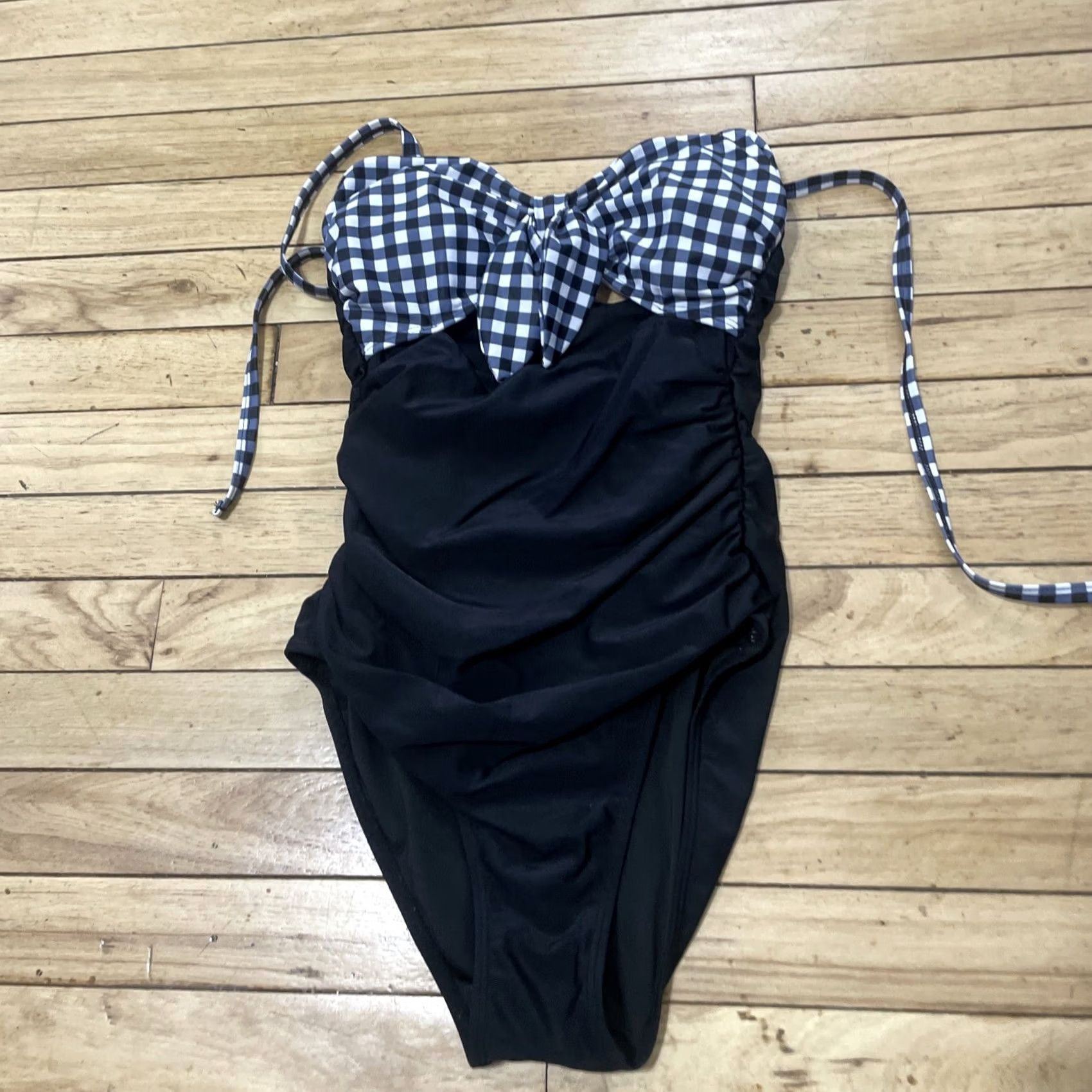 Vintage Tempt Me One Piece Swimsuit XS Blue Gingham Cutout Tie Front Detach Strap Black Back Padding Ruched Beach Classic Women Size ONE SIZE - 2 Thumbnail