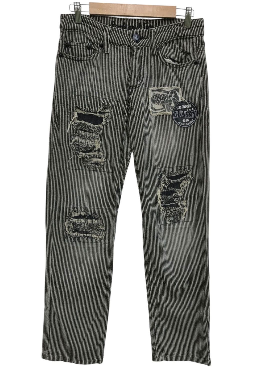 Japanese Brand Stripe Distressed Patches Casual Pants Workers Style Size US 29 - 1 Thumbnail