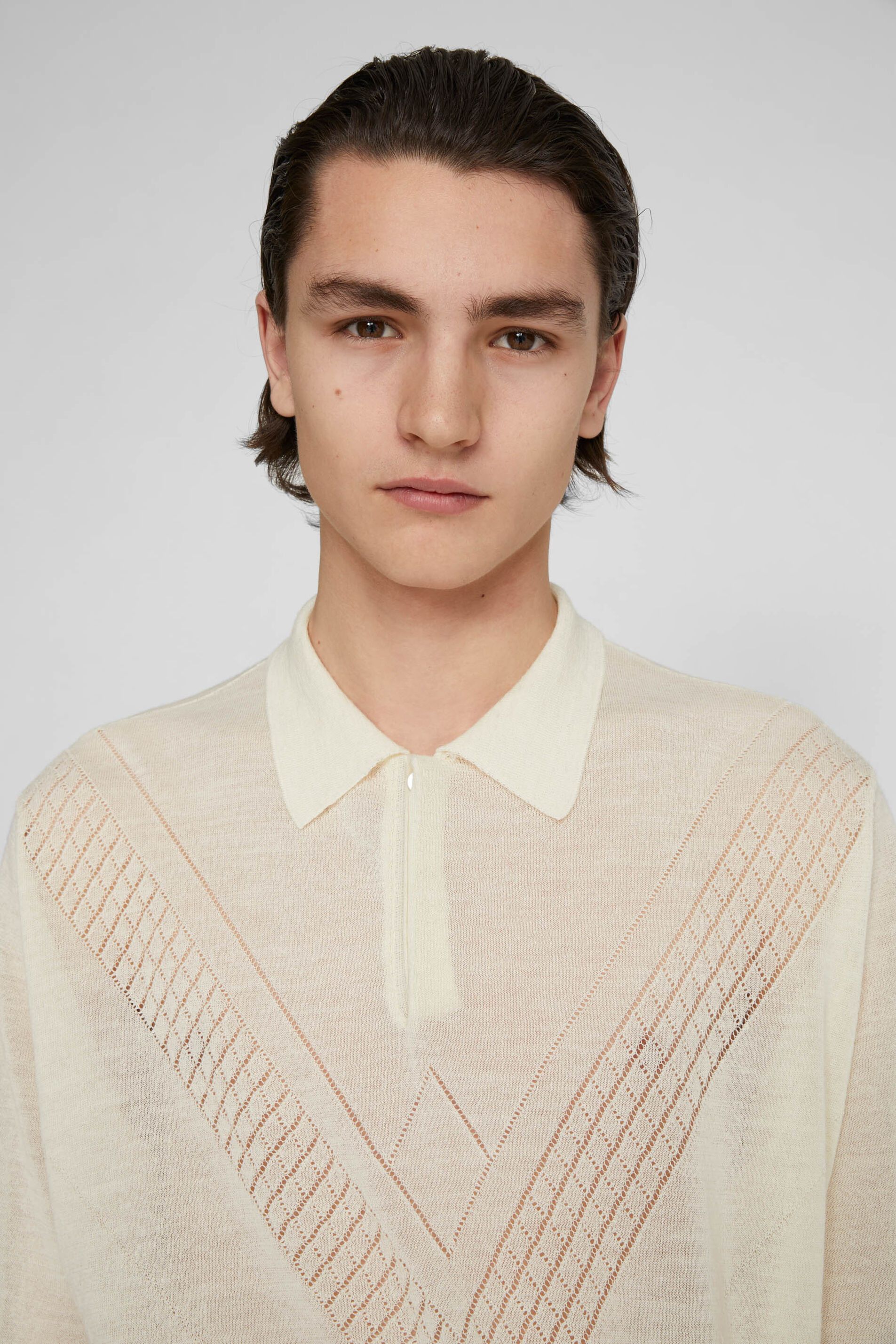Jil Sander CHEVRON LADDER STITCHED OFF WHITE WOOL POLO SWEATER Size US M / EU 48-50 / 2 - 14 Thumbnail