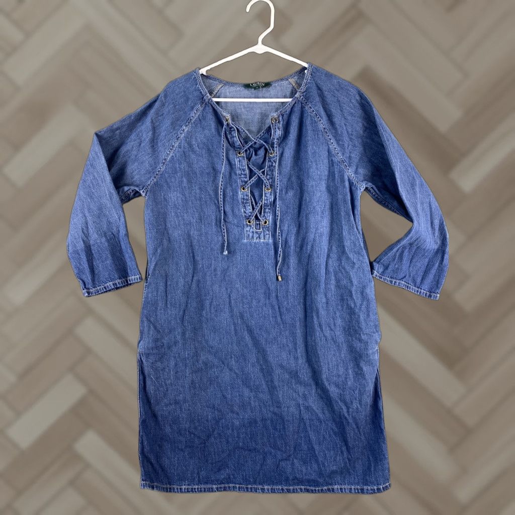 Ralph Lauren Lauren Ralph Lauren Women's Shift Dress M Denim Dark Wash Casual V-Neck 90s Style Size 32" / US 10 / IT 46 - 1 Thumbnail