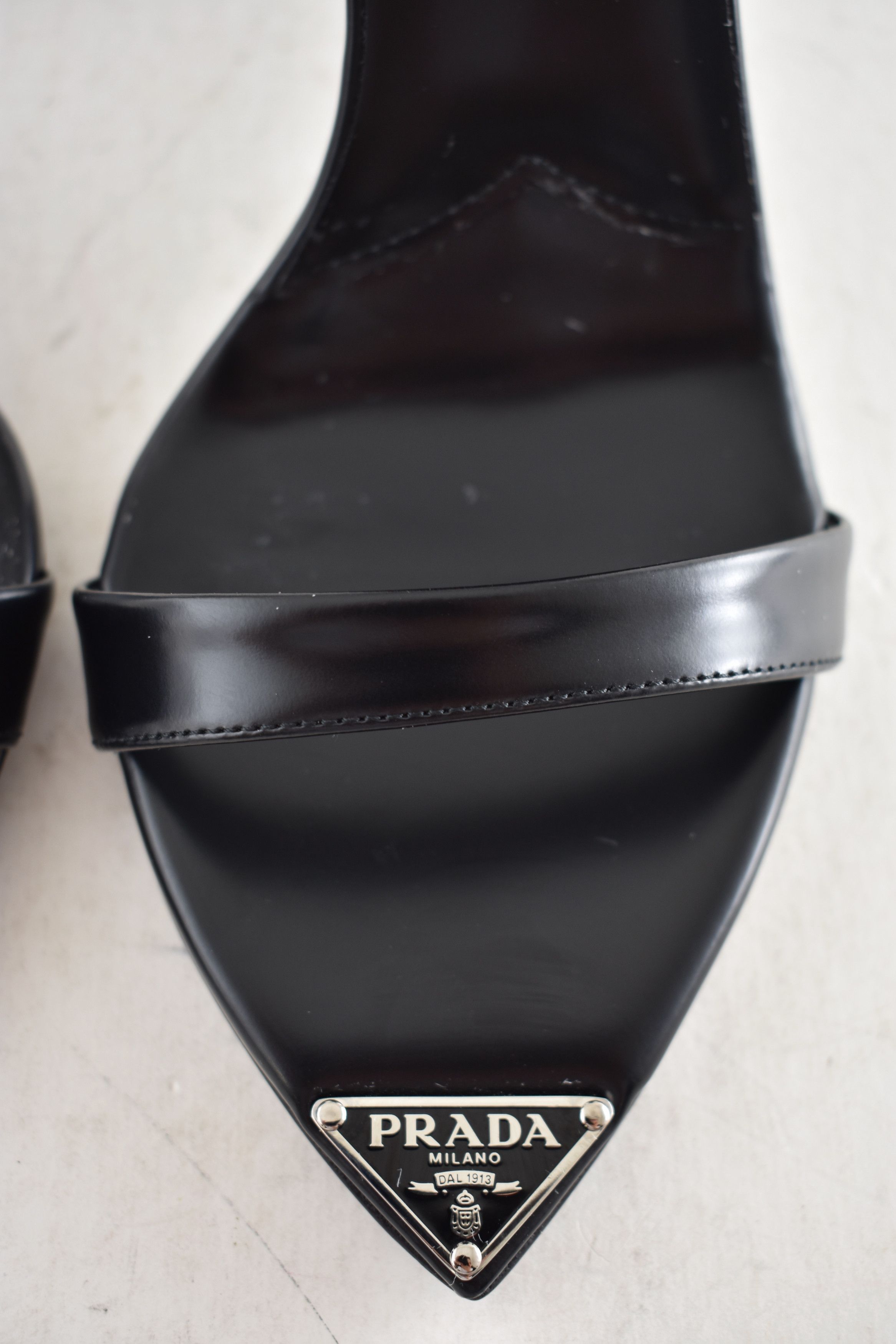 Prada Leather Pointed Toe Logo Ankle Strap Heel Sandal Pump 38 Size US 8 / IT 38 - 10 Thumbnail