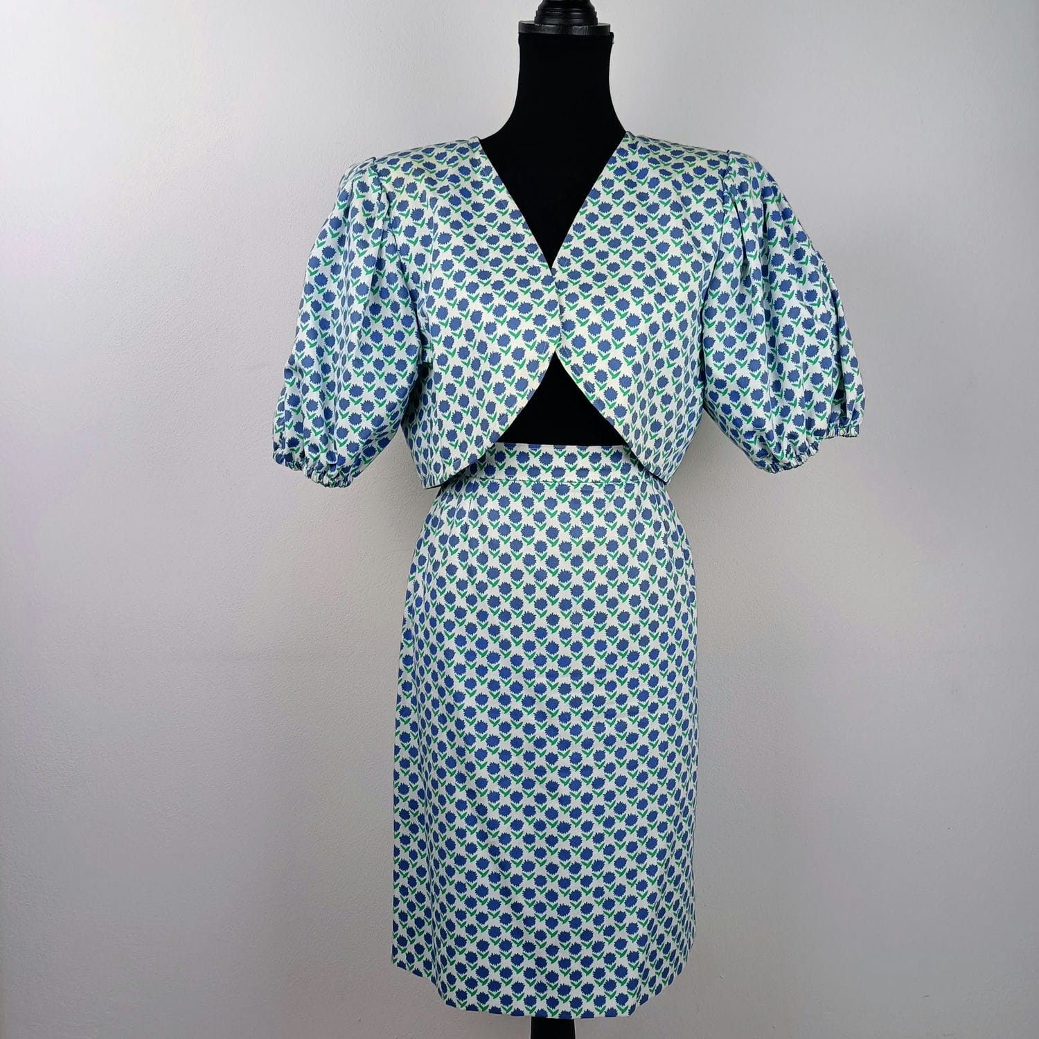 image of YVES Saint Laurent Vintage Suit Light Blue With Flowers For Ceremony YSL 1991, Women's (Size Medium