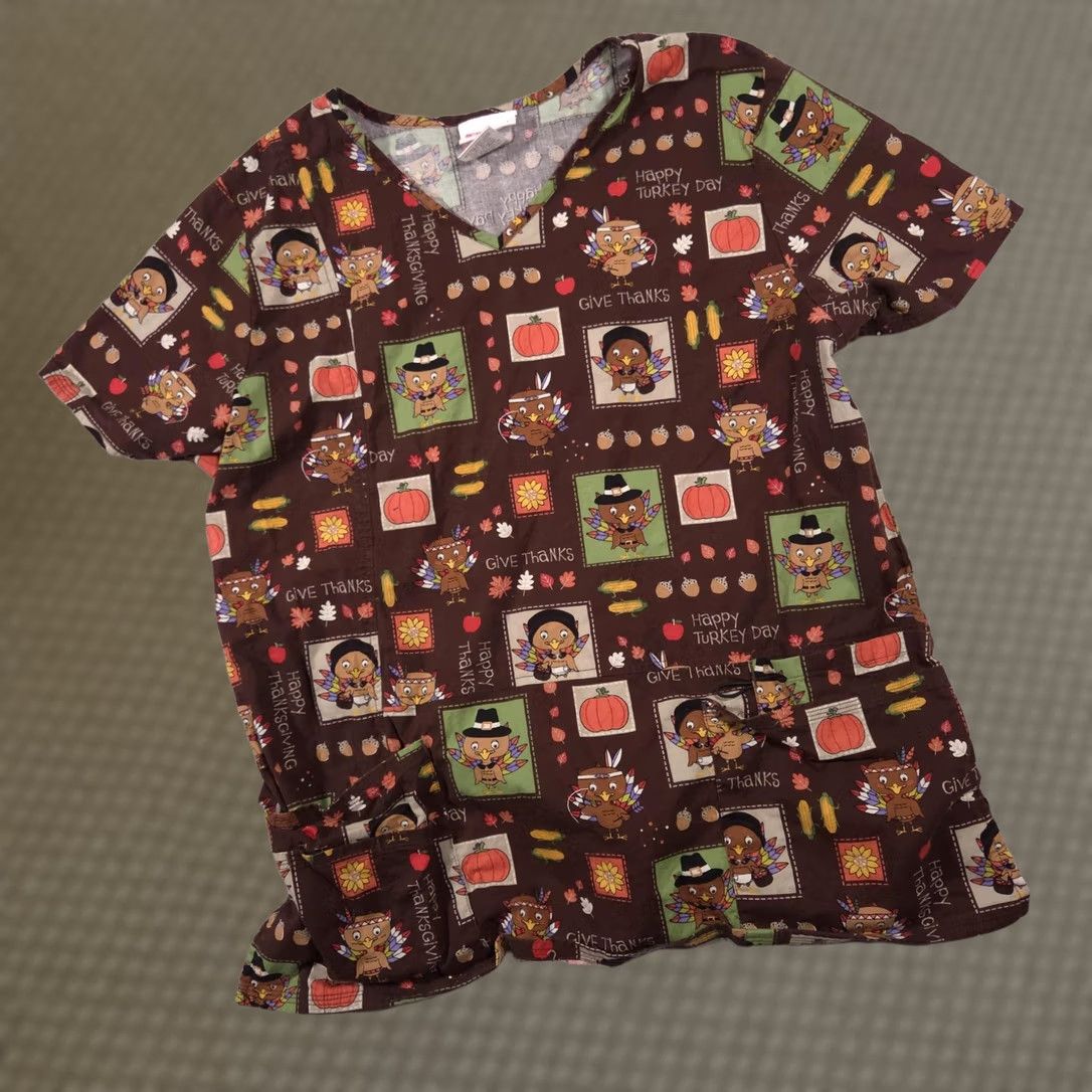 Vintage ScrubTop Womens Large Brown Thanksgiving Turkey Print Nursing Medical V-Neck Short Sleeve Pockets Tunic ScrubStar Size L / US 10 / IT 46 - 1 Thumbnail
