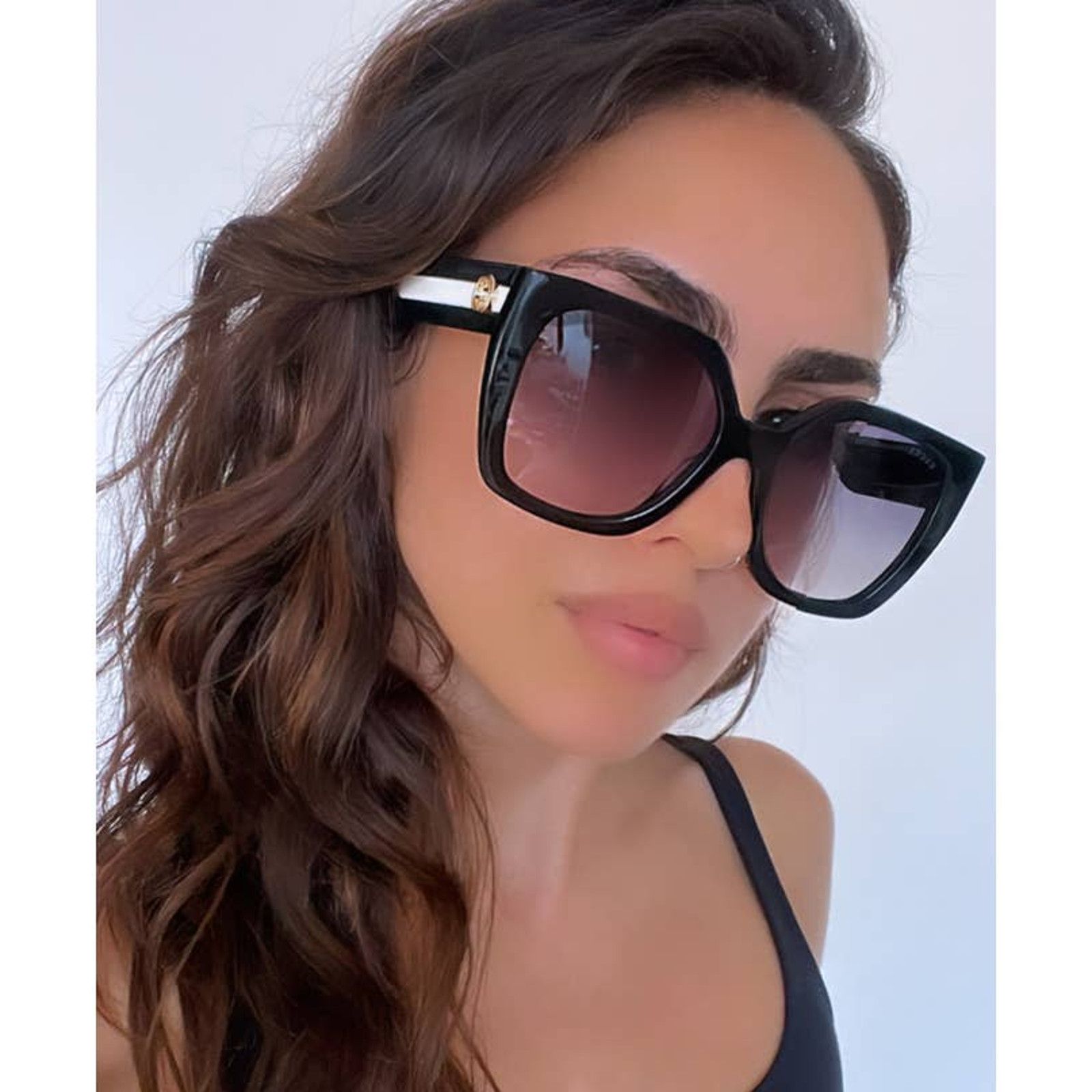 image of New Gucci Gg1300S Black White Square Sunglasses, Women's