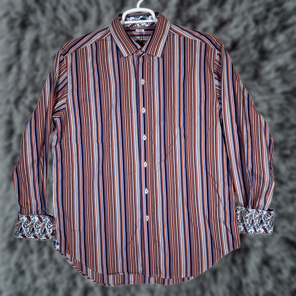 Robert Graham Robert Graham Shirt Mens XL Orange Blue Stripe Long Sleeve Paisley Contrast Cuff Size US XL / EU 56 / 4 - 1 Thumbnail