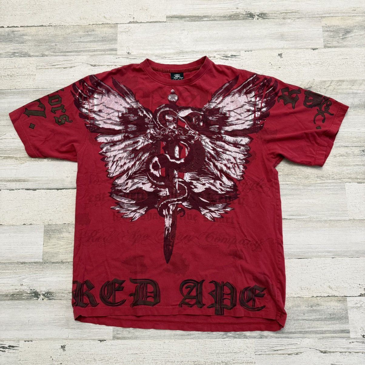Vintage Y2K Affliction Style Red Ape All Over Print T-Shirt L Wings Size US L / EU 52-54 / 3 - 1 Thumbnail