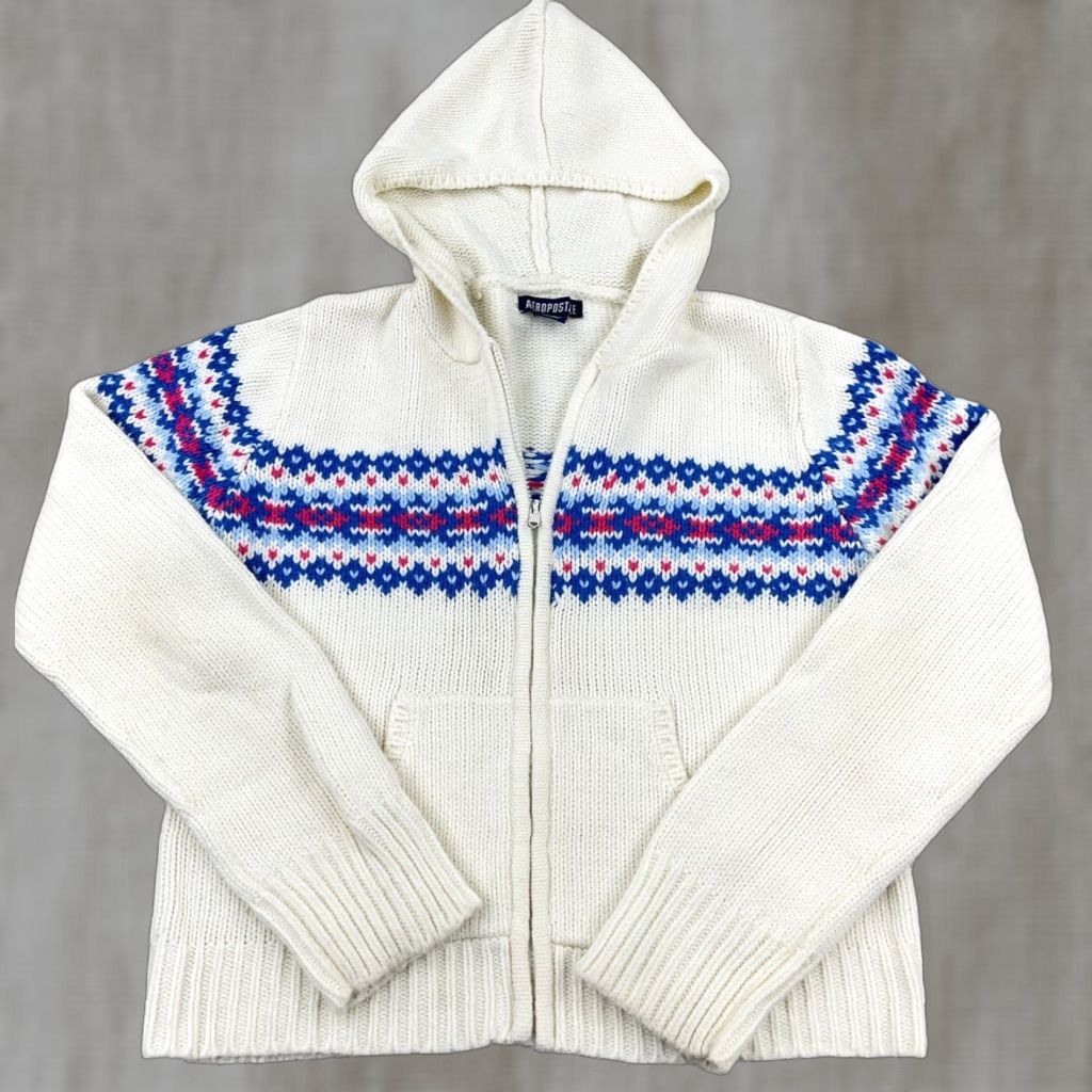 Aeropostale VINTAGE Aeropostale Sweater Cardigan Women Large White Blue Fall Winter Casual Long Sleeve Knit Size L / US 10 / IT 46 - 1 Thumbnail