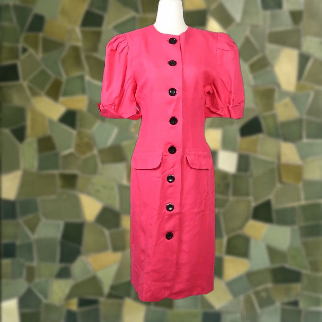 Vintage VINTAGE Nipon Boutique Pencil Dress Shirt Linen Blend Knee Length 6 Pink 80s Womens Short Puff Sleeve Button Front Size M / US 6-8 / IT 42-44 - 1 Thumbnail