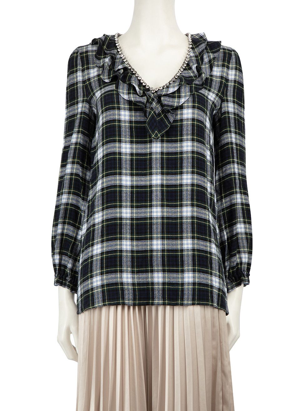 image of Boutique Moschino Tartan Pattern Gemstone Detail Blouse, Women's (Size Small)