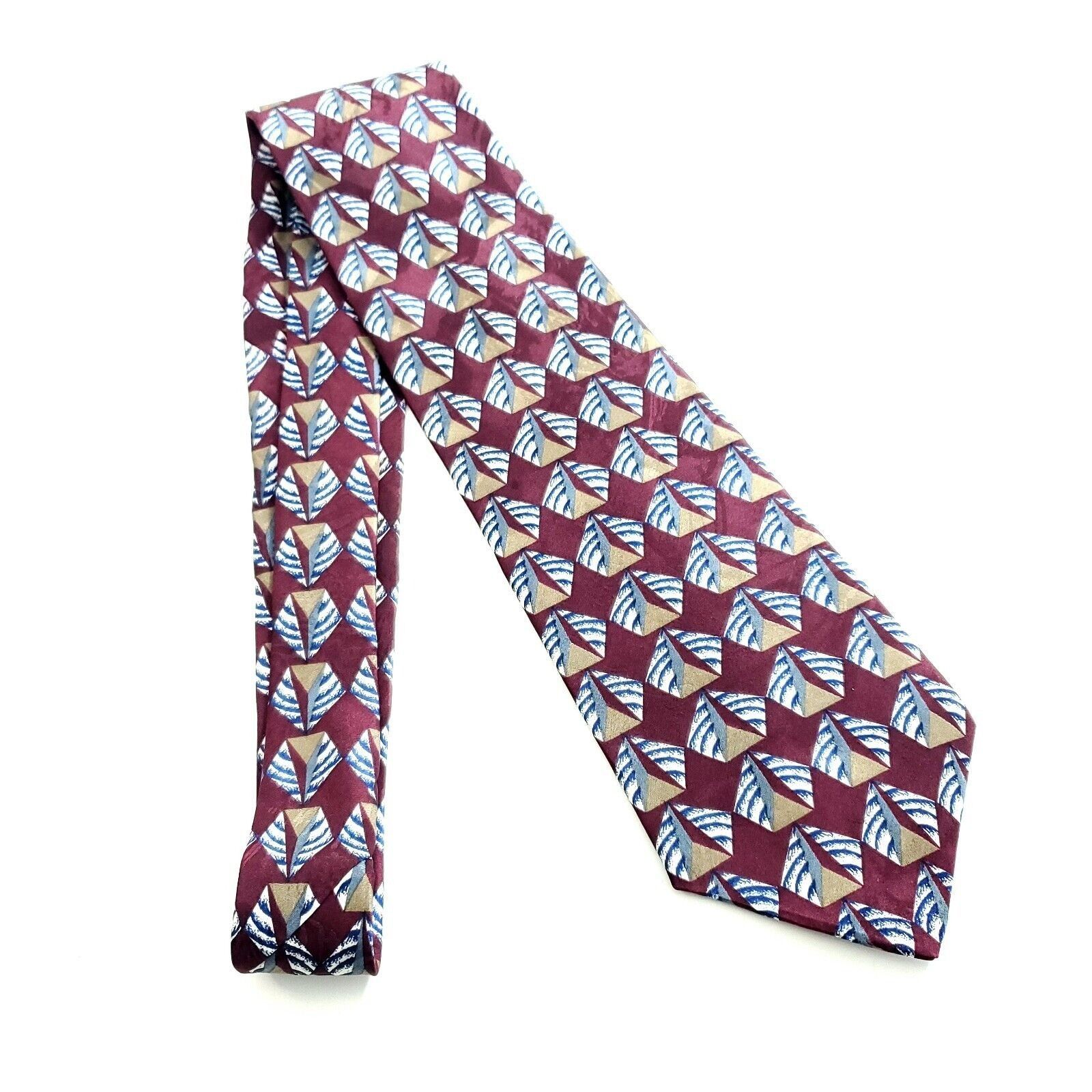 Designer Viaggio Red Tan Geometric Jacquard Print Short Silk Tie Size ONE SIZE - 6 Thumbnail