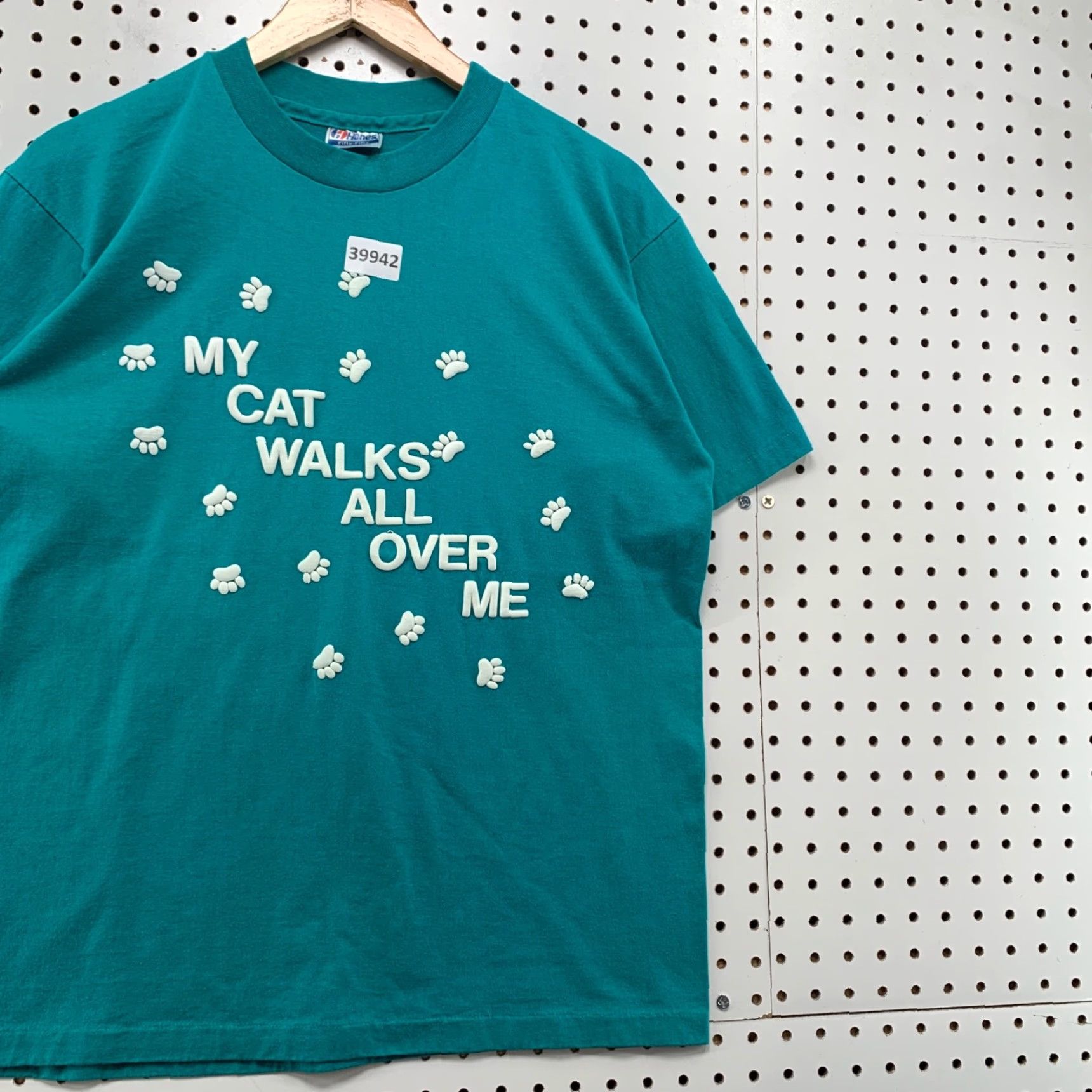 Hanes VINTAGE 80s Hanes Funny Cat Paw Print T-Shirt Mens Large Green Graphic Print Made in USA Size US L / EU 52-54 / 3 - 4 Thumbnail