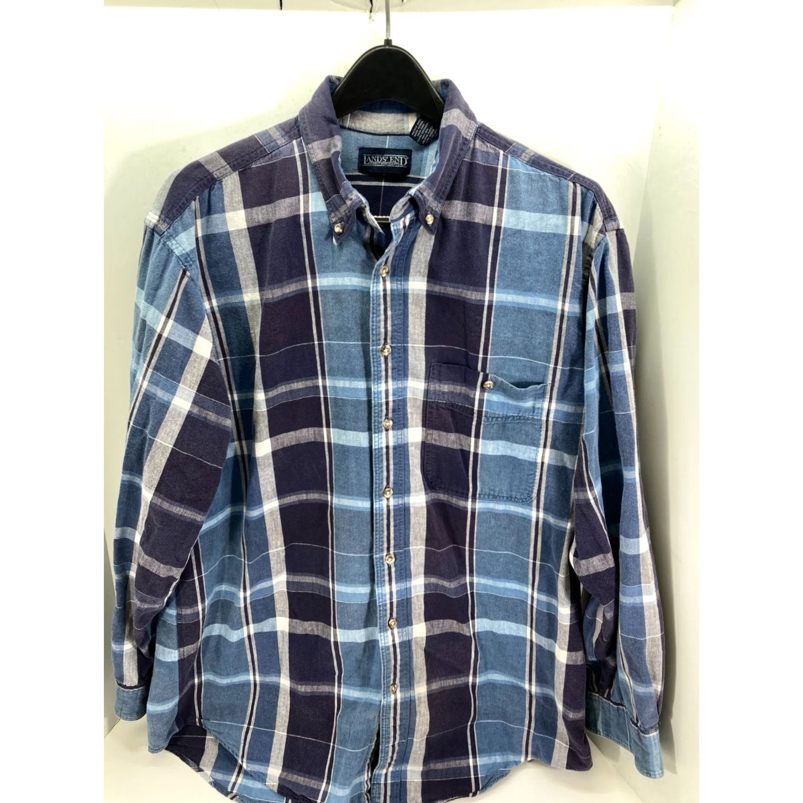 Lands' End Lands' End Button Down Shirt Mens L Blue Plaid Long Sleeve Button-Up Casual Travel 90s Outdoor Mens Regular Big & Tall Size US L / EU 52-54 / 3 - 2 Thumbnail