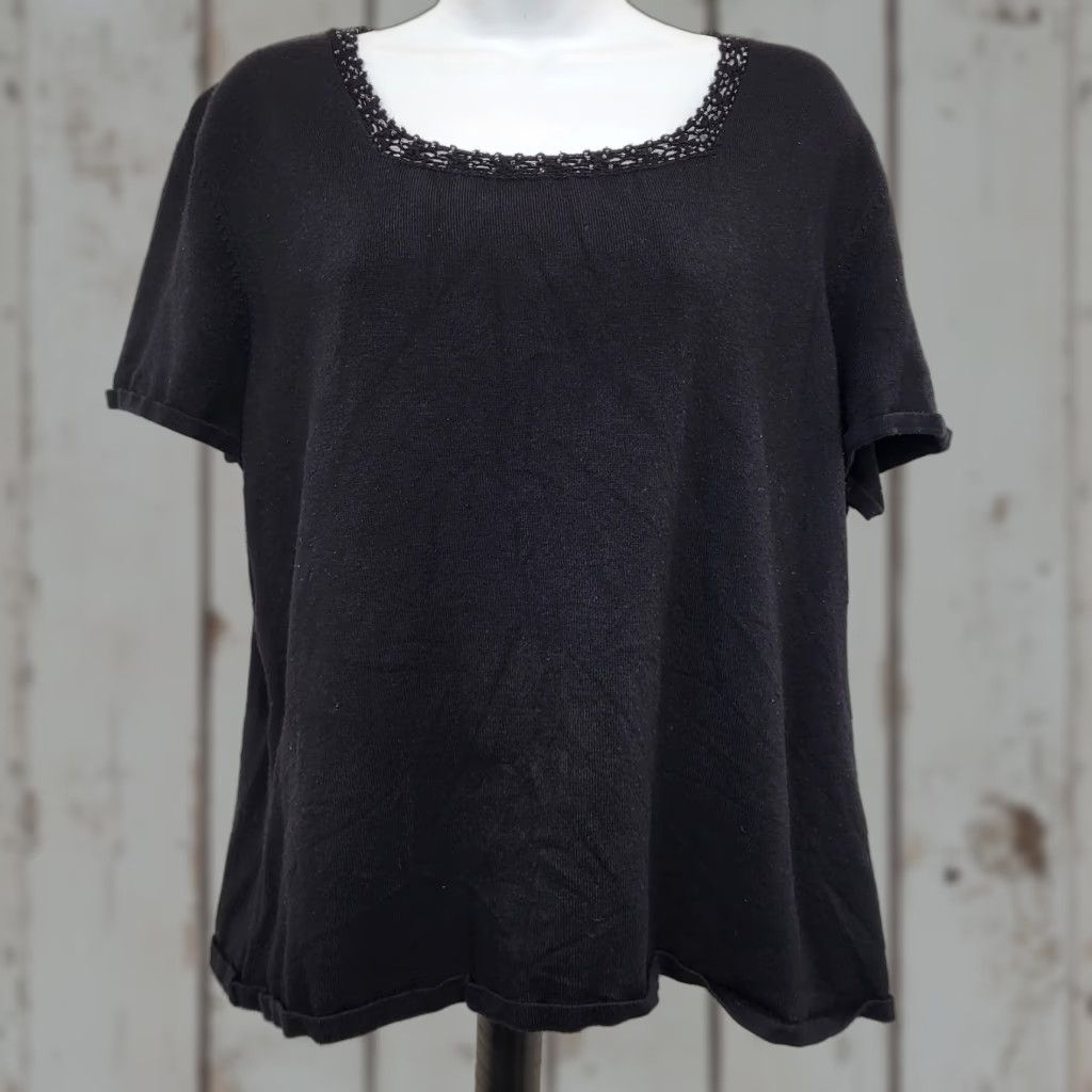 Vintage Sag Harbor Women’s XL Black Crochet Beaded Neck Short Sleeve Knit Sweater Top Blouse Casual Workwear Vintage: No Size XL / US 12-14 / IT 48-50 - 1 Thumbnail