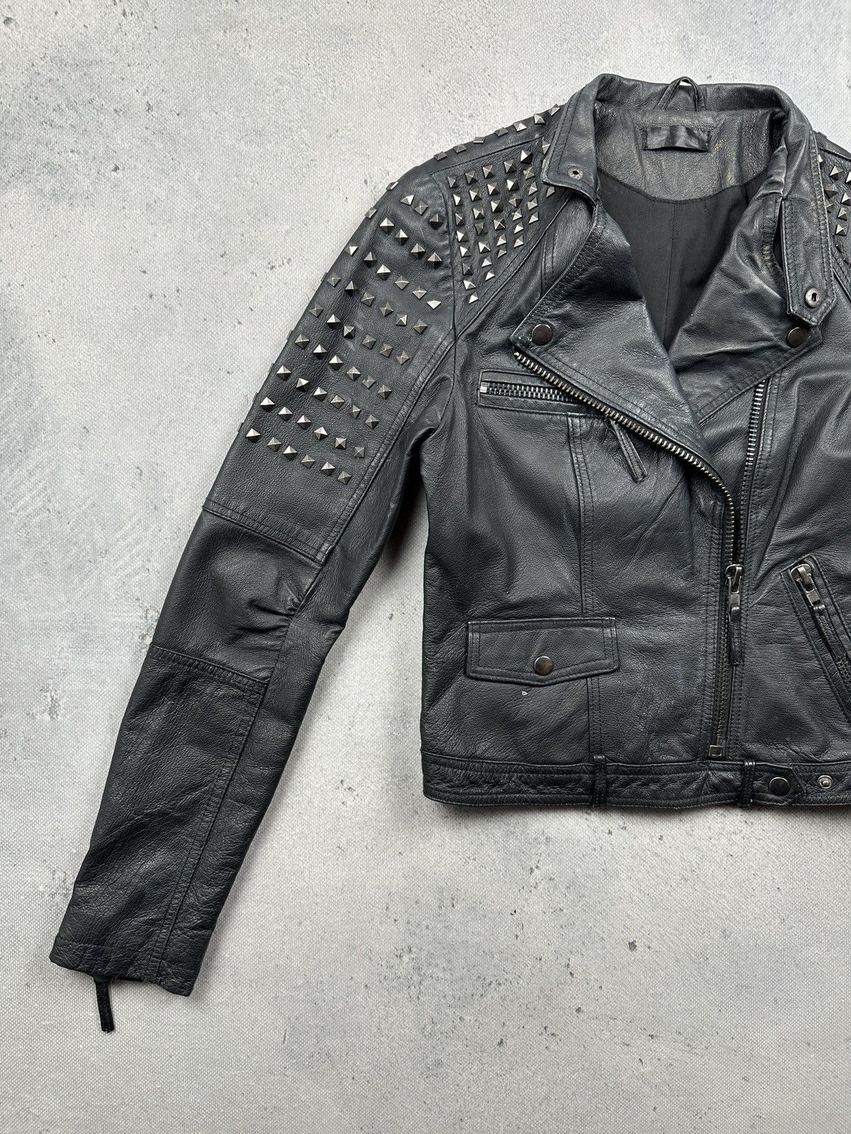 Genuine Leather Never Denim Studded Leather Biker Jacket Black Punk Moto Y2K Size S / US 4 / IT 40 - 9 Thumbnail
