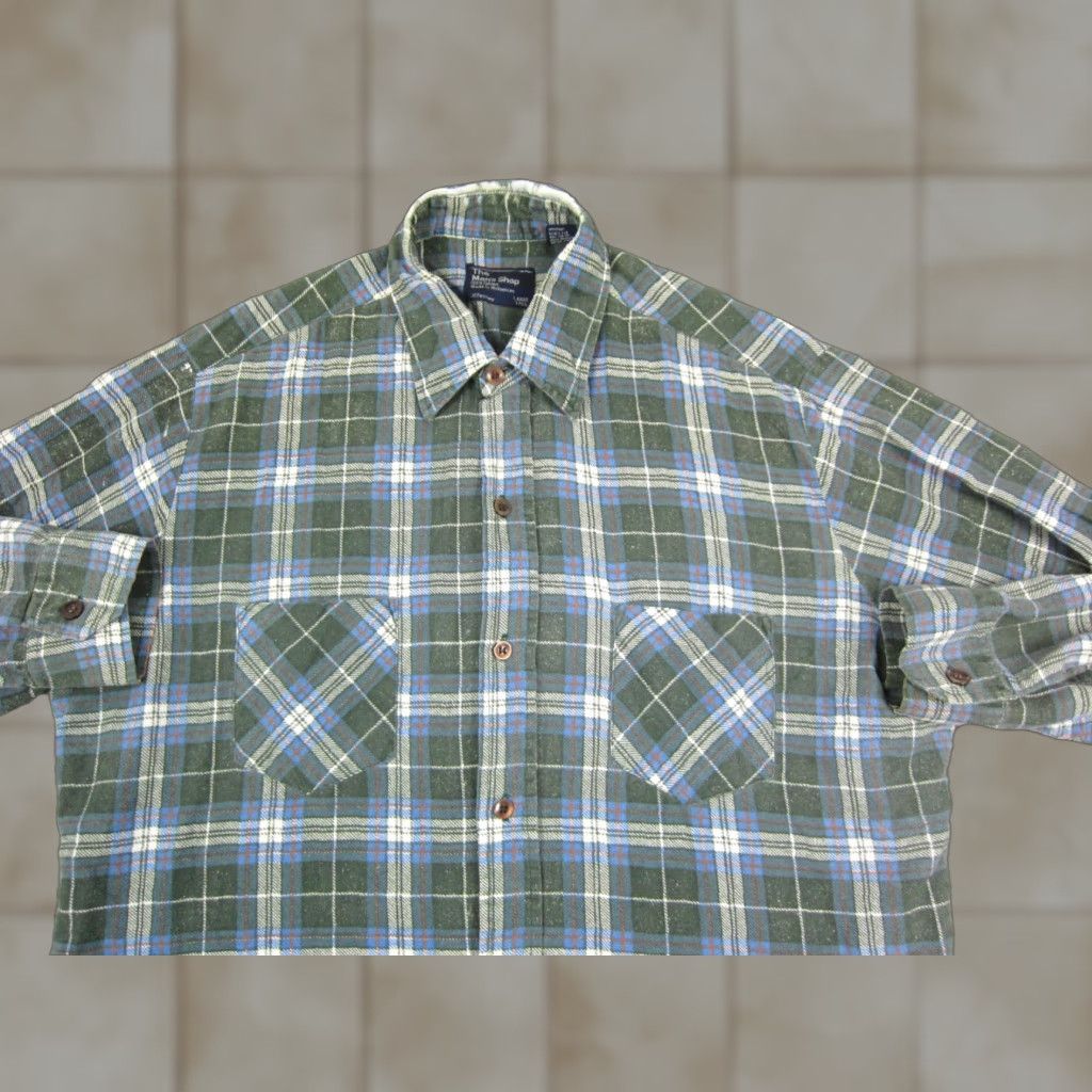 JCPenney VINTAGE The Mens Shop Shirt Mens LT Green Plaid Flannel Button-Up Size US L / EU 52-54 / 3 - 1 Thumbnail