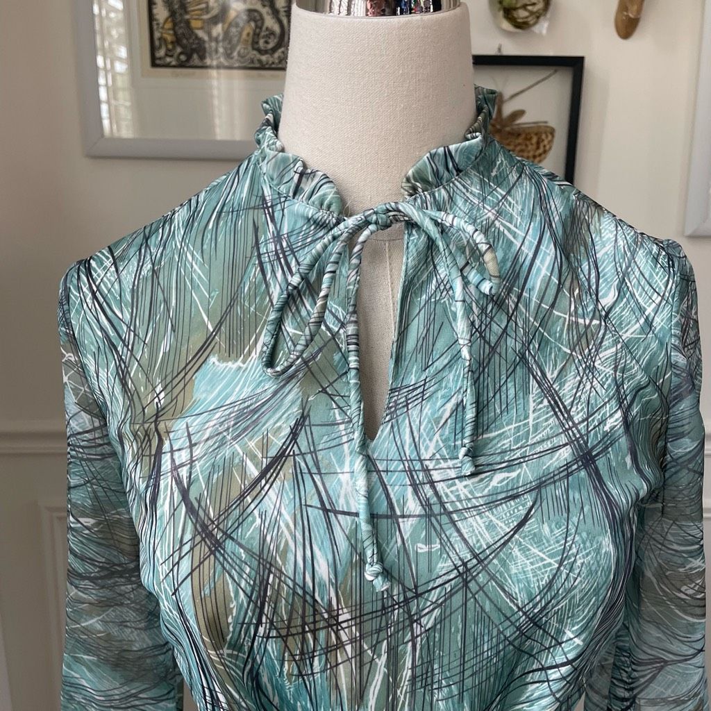 Vintage Vintage 70s 2pc Blouse Skirt Green Brown Retro Crosshatch Pa Size S / US 4 / IT 40 - 2 Thumbnail