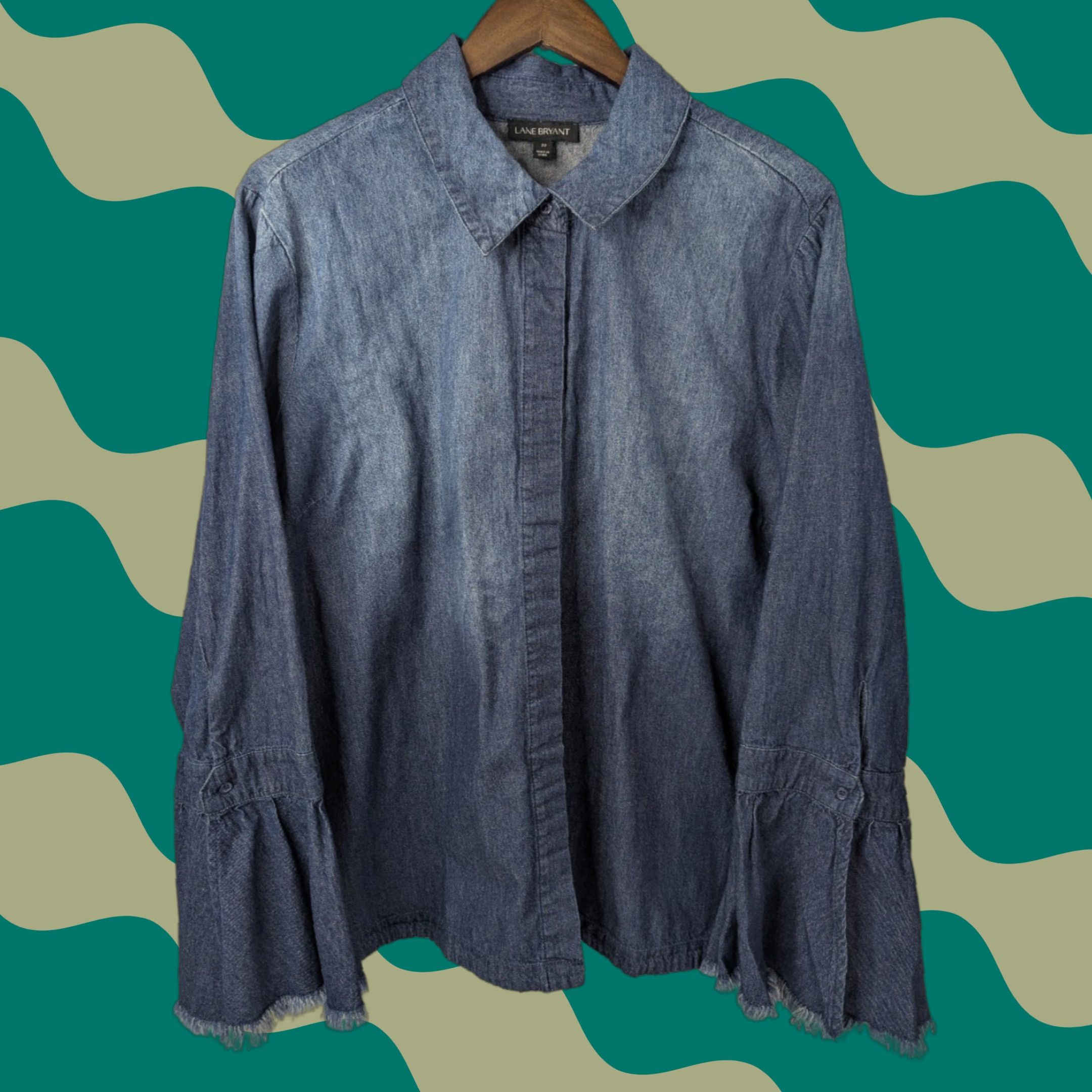 Vintage Lane Bryant Shirt Womens Plus Size 22 Chambray Button-Up Long Bell Sleeve Frayed Blue 22 Mens Ladies? Size 3XL / US 20-22 - 1 Thumbnail