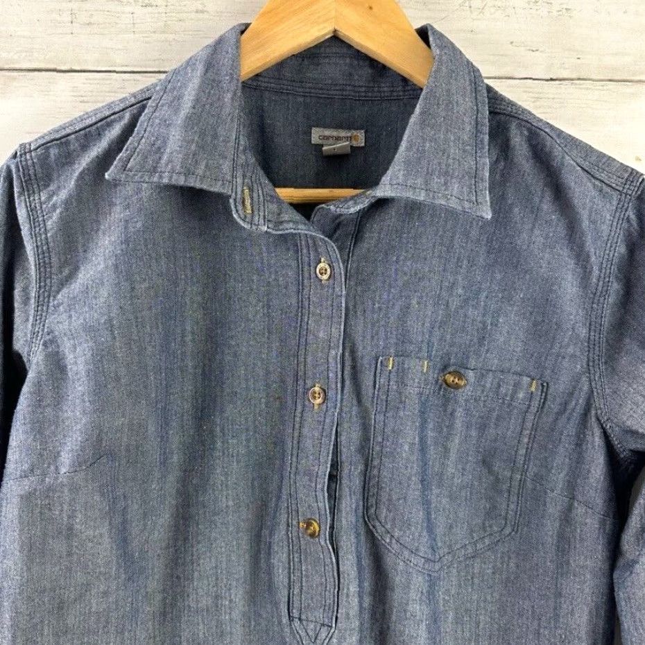 Carhartt VINTAGE Carhartt Shirt Women’s Medium Blue Long Sleeve 1/4 Button Pullover Chambray 100% Cotton Back in Style Mens? No. Size M / US 6-8 / IT 42-44 - 2 Thumbnail