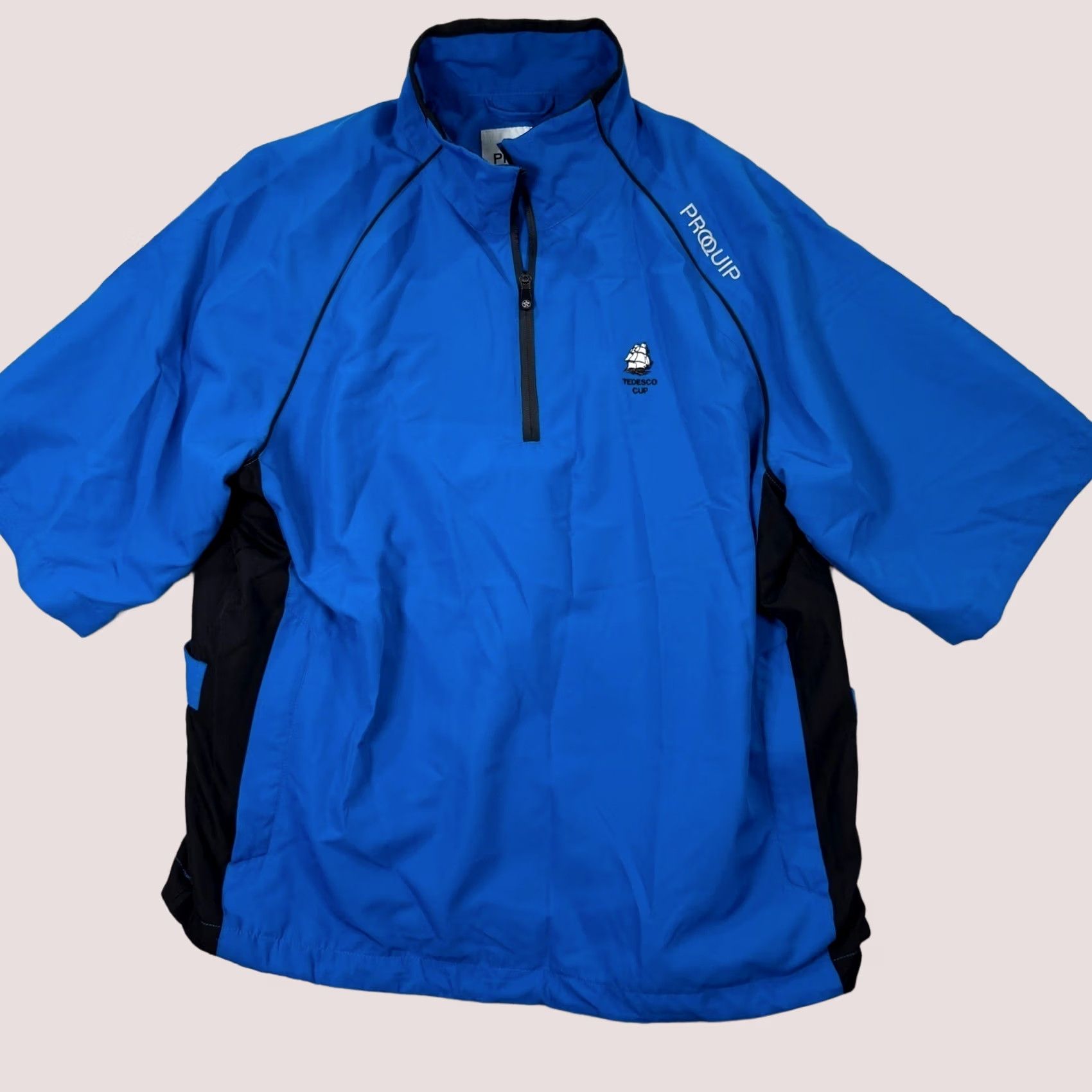 Vintage PROQUIP Men's Large Blue Windproof Golf Pullover Jacket Tedesco Cup Short Sleeve Size US L / EU 52-54 / 3 - 1 Thumbnail
