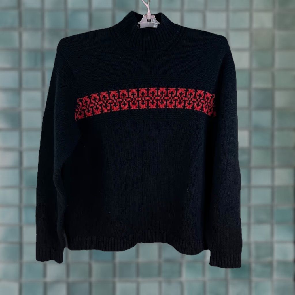 Tommy Hilfiger Sweater Mens XL Black Red 100% Lambswool Knit High Neck Pullover Fair Isle Logo Accent Mens