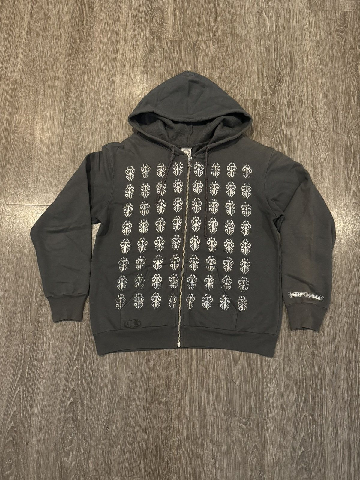 image of Chrome Hearts All Over Floral Dagger Print Zip Hoodie Medium in Grey, Men's