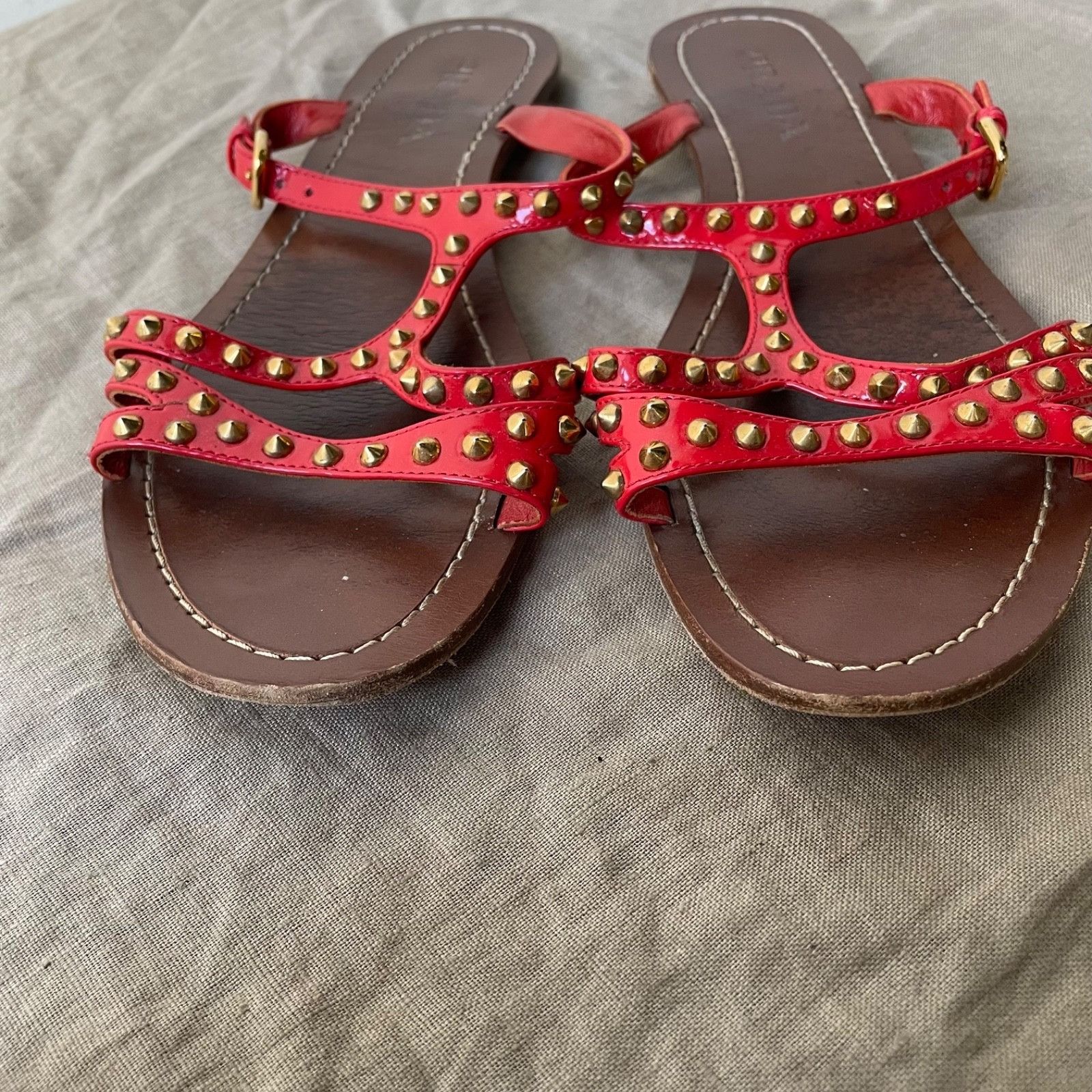 Prada Prada Red Studded Leather Sandals Strappy Flat 9426AC Size US 6.5 / IT 36.5 - 4 Thumbnail