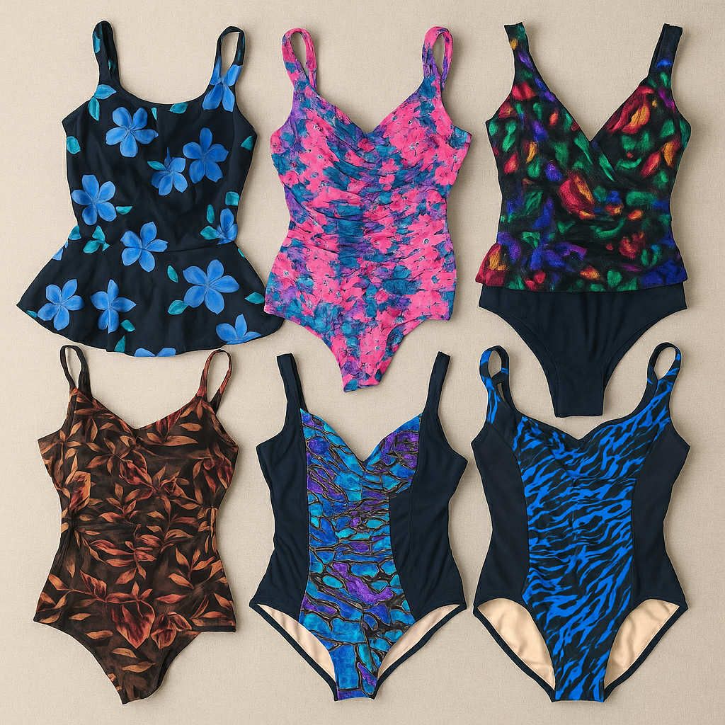 Other 6 VINTAGE 80s Bathing Suits Swim One Piece Floral Skirt LG Size ONE SIZE - 2 Thumbnail