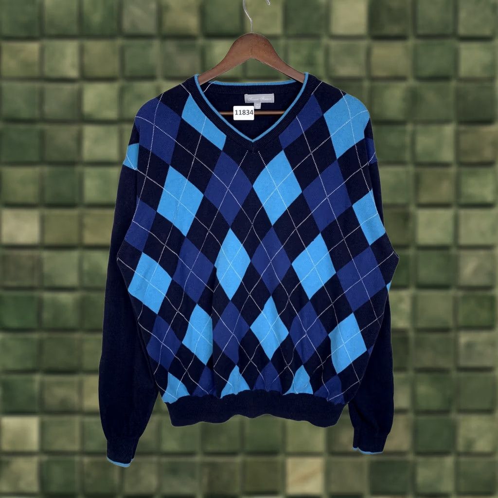 Vintage Toscano Firenxe 100% Combed Cotton Navy Blue Argyle V-Neck Mens Sweater XL-11834 Size US XL / EU 56 / 4 - 1 Thumbnail